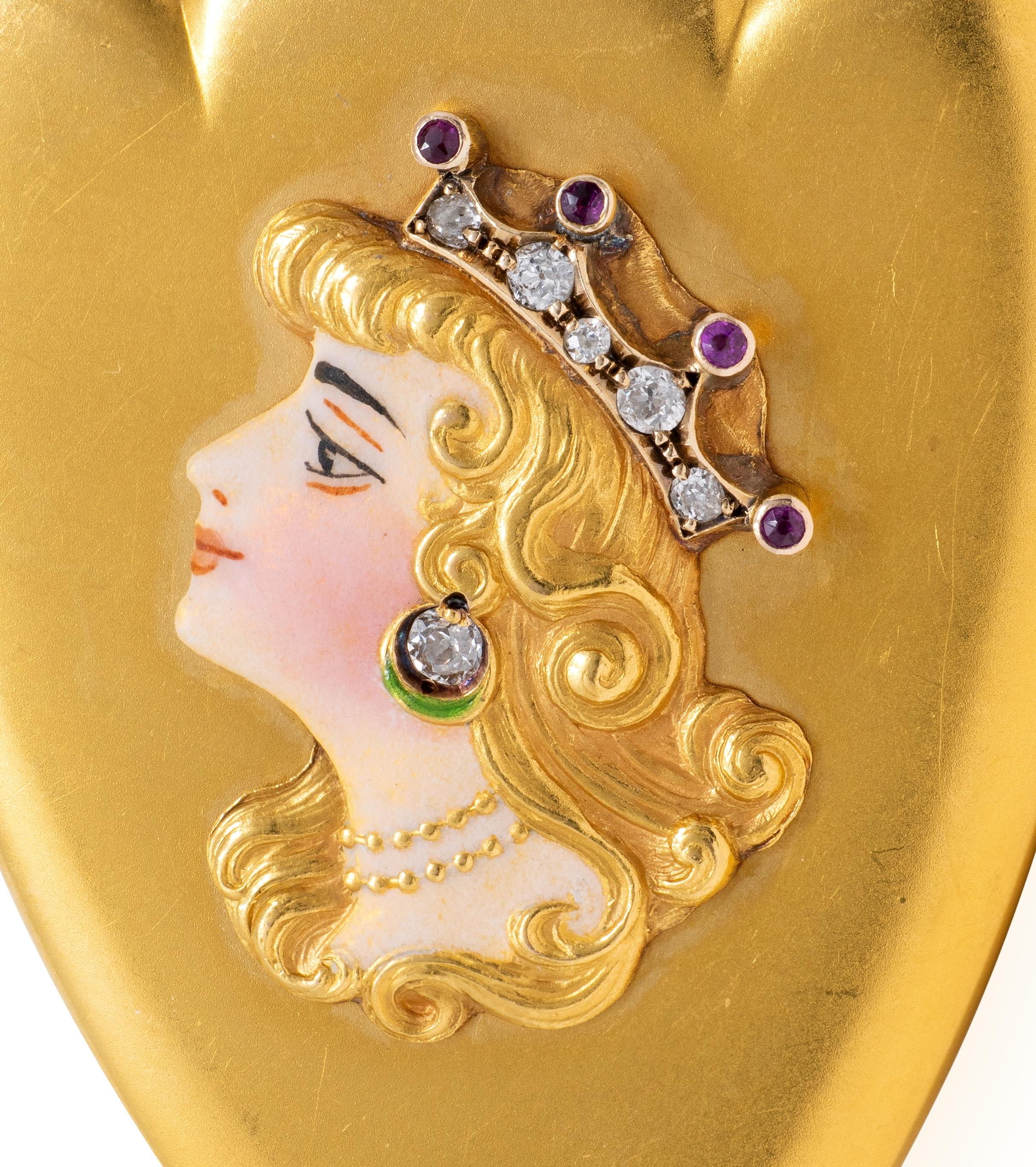 Art Nouveau Ruby Diamond Enamel 14K Yellow Gold Antique Princess Locket Pendant