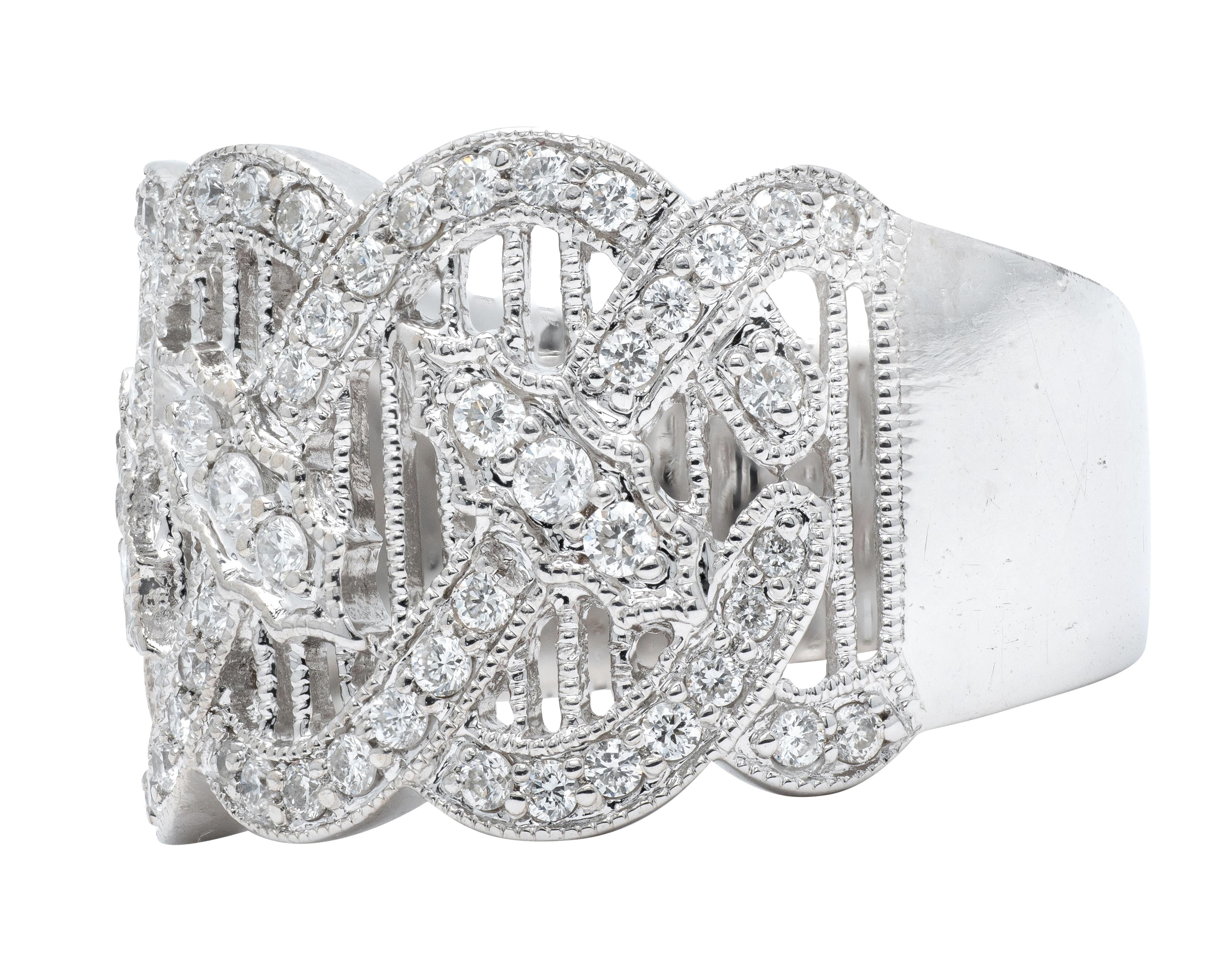 Contemporary Round Diamond 18 Karat White Gold Wide Twist Filigree Band Ring