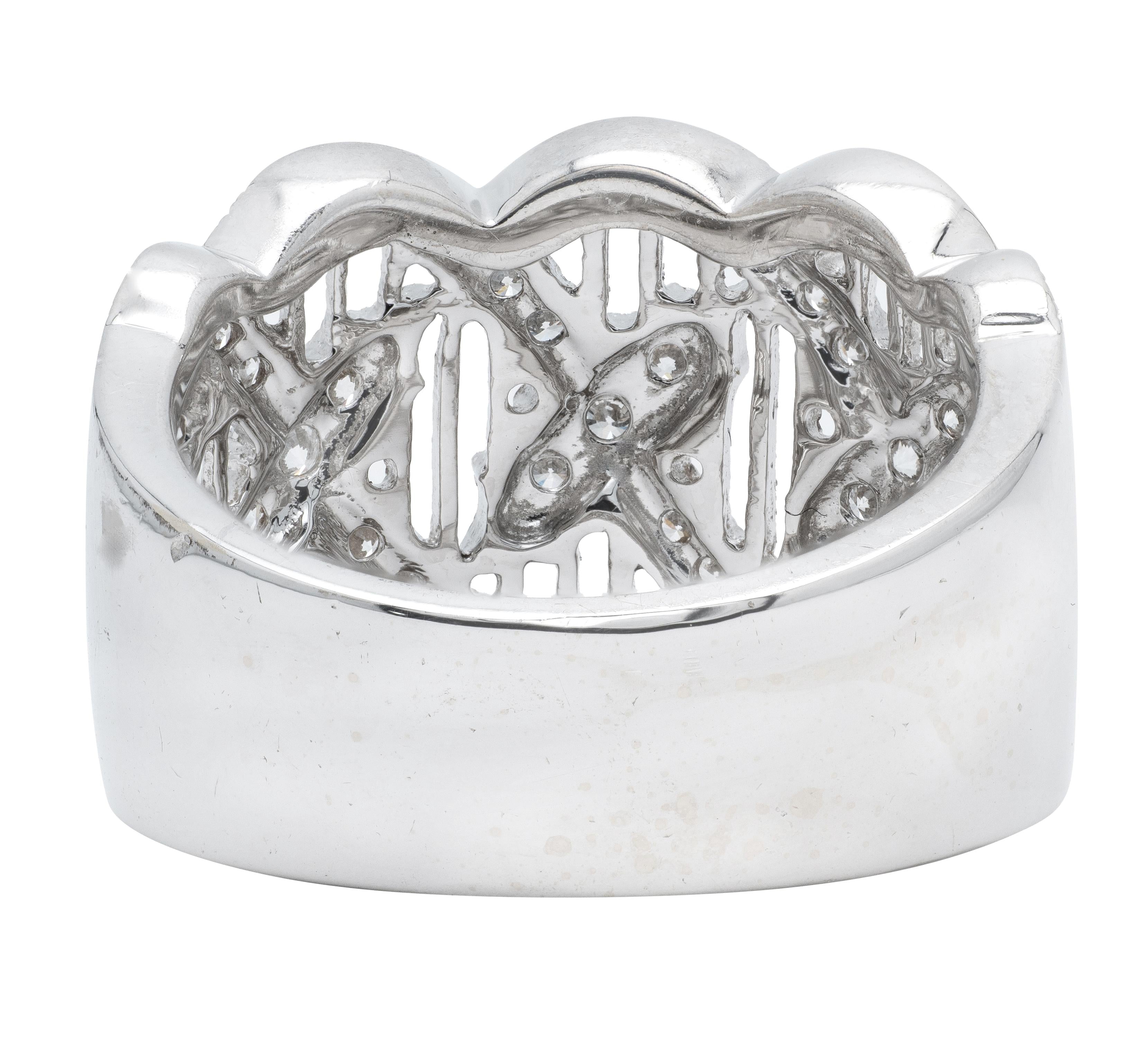 Contemporary Round Diamond 18 Karat White Gold Wide Twist Filigree Band Ring