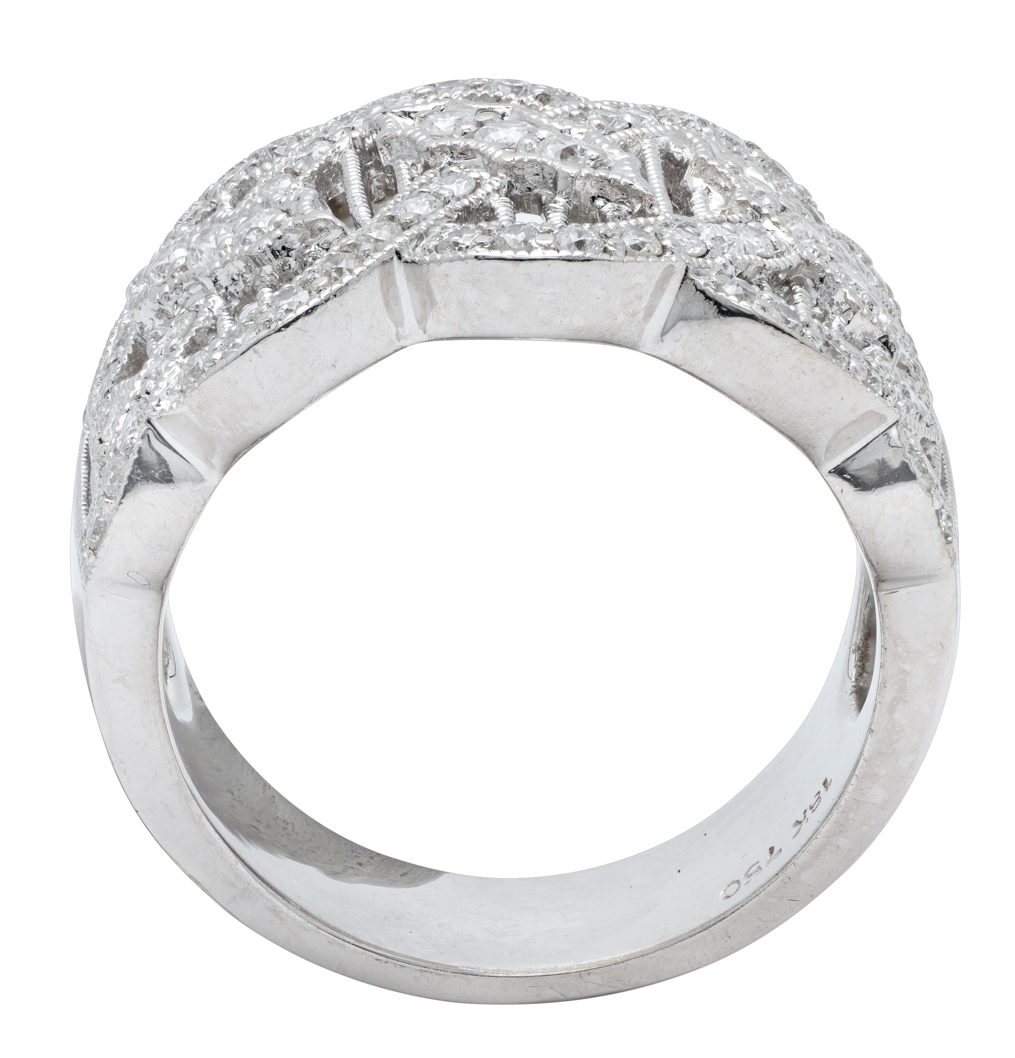 Contemporary Round Diamond 18 Karat White Gold Wide Twist Filigree Band Ring