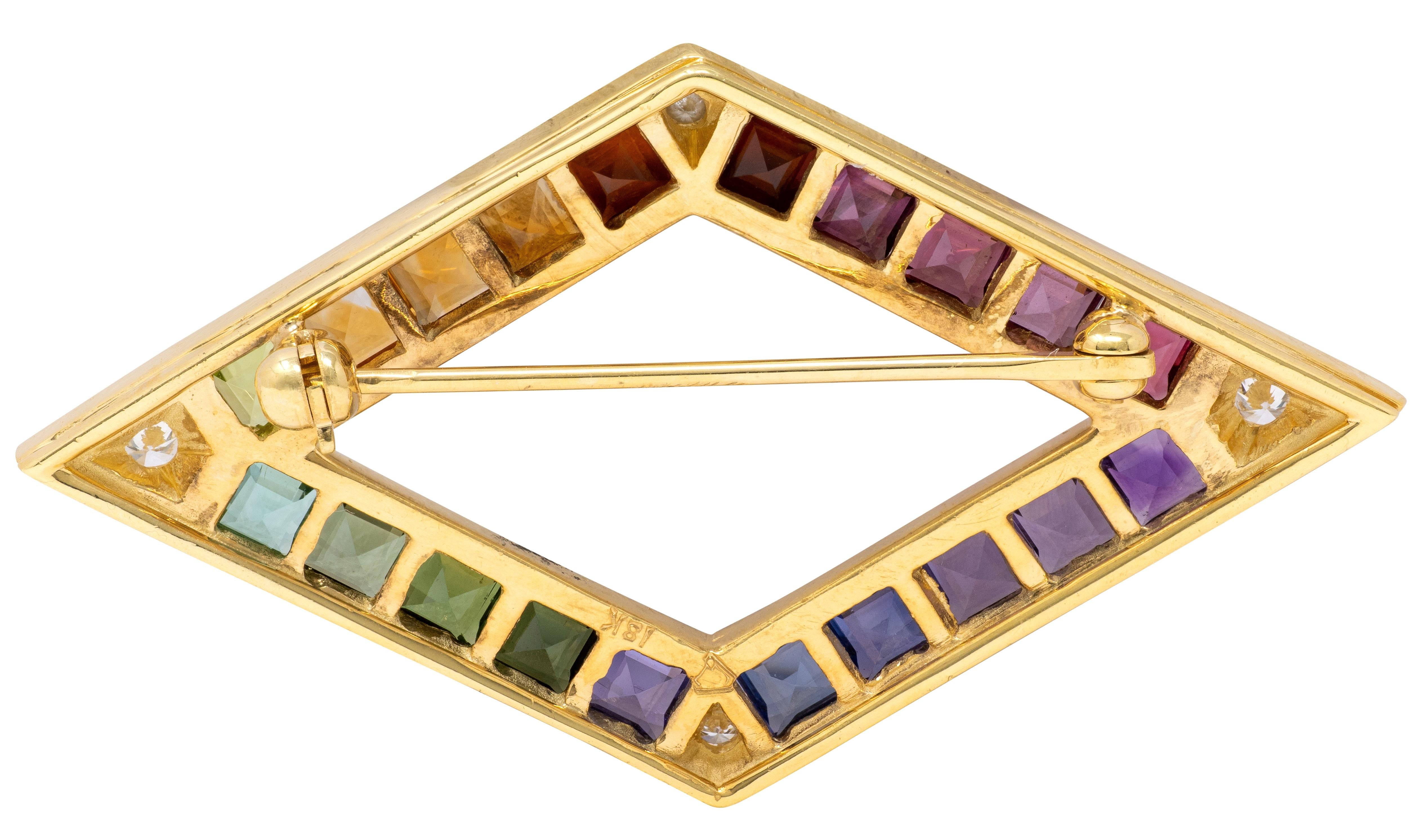 Contemporary Diamond Multi-Gem 18 Karat Yellow Gold Rainbow Diamond Brooch