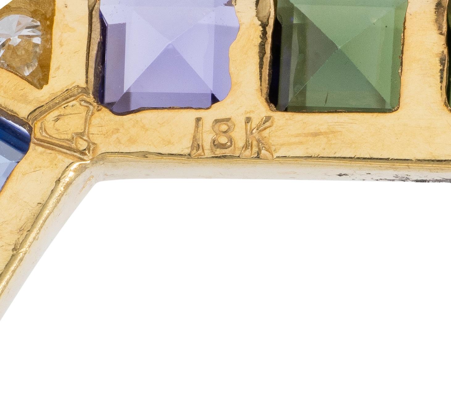 Contemporary Diamond Multi-Gem 18 Karat Yellow Gold Rainbow Diamond Brooch