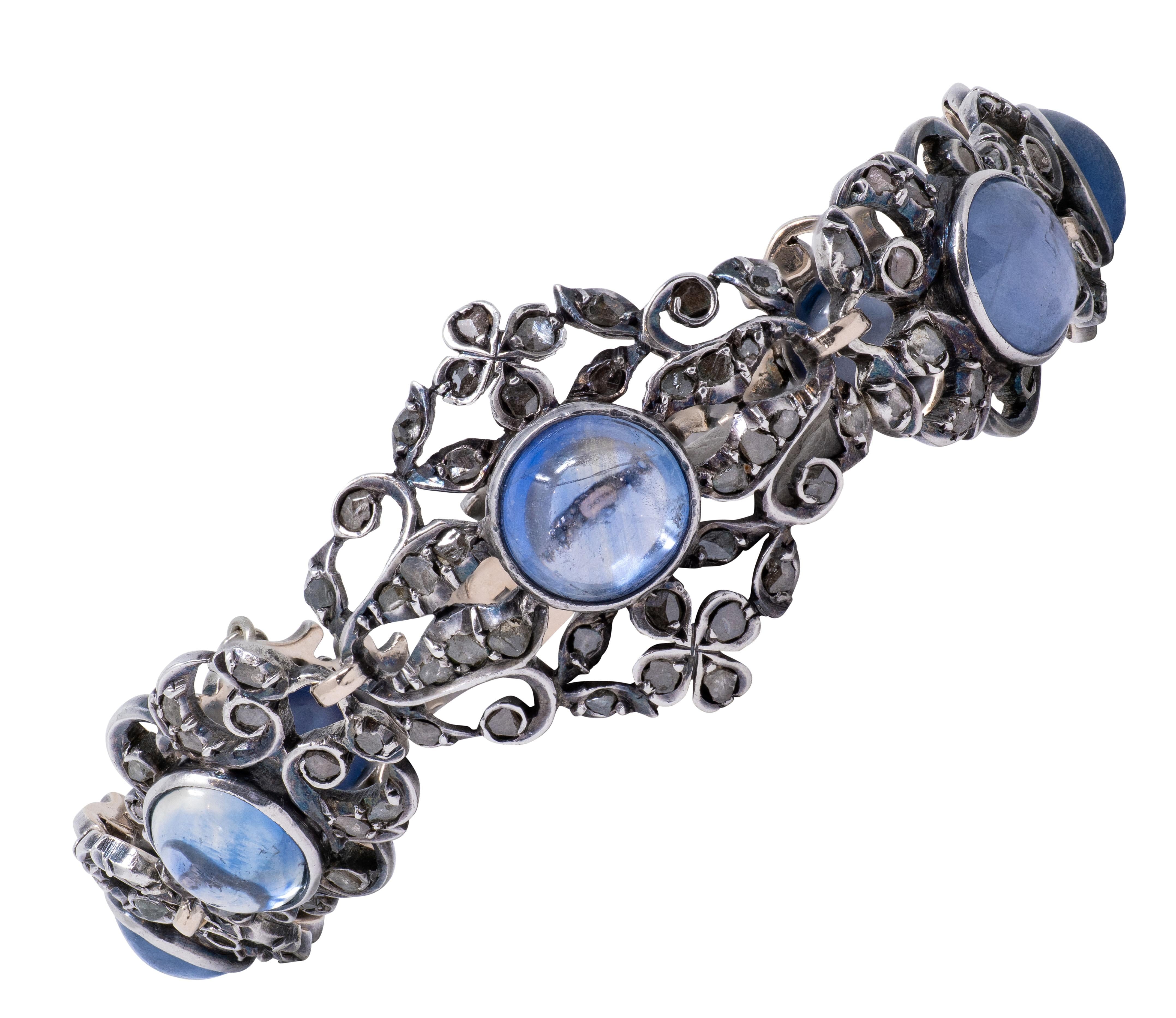 Victorian 44.00 CTW Sapphire Diamond 10K Gold Antique Foliate Link Bracelet