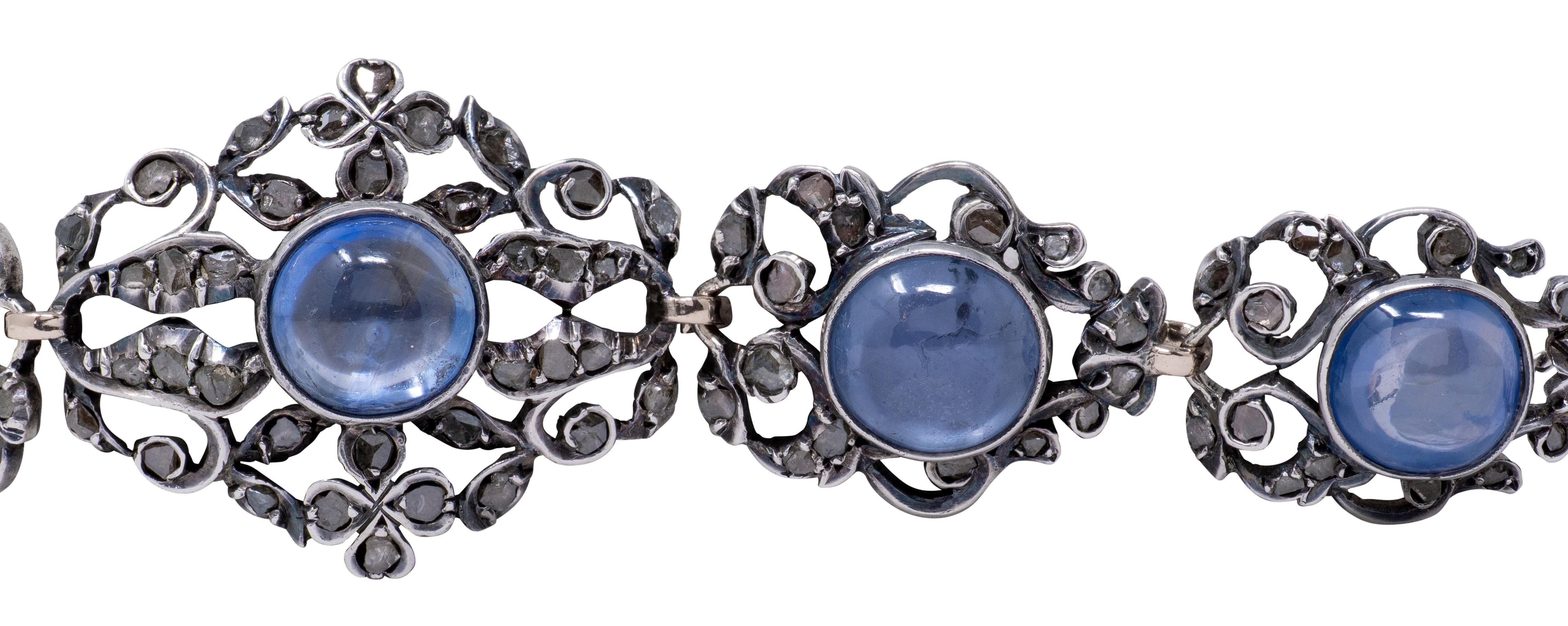 Victorian 44.00 CTW Sapphire Diamond 10K Gold Antique Foliate Link Bracelet