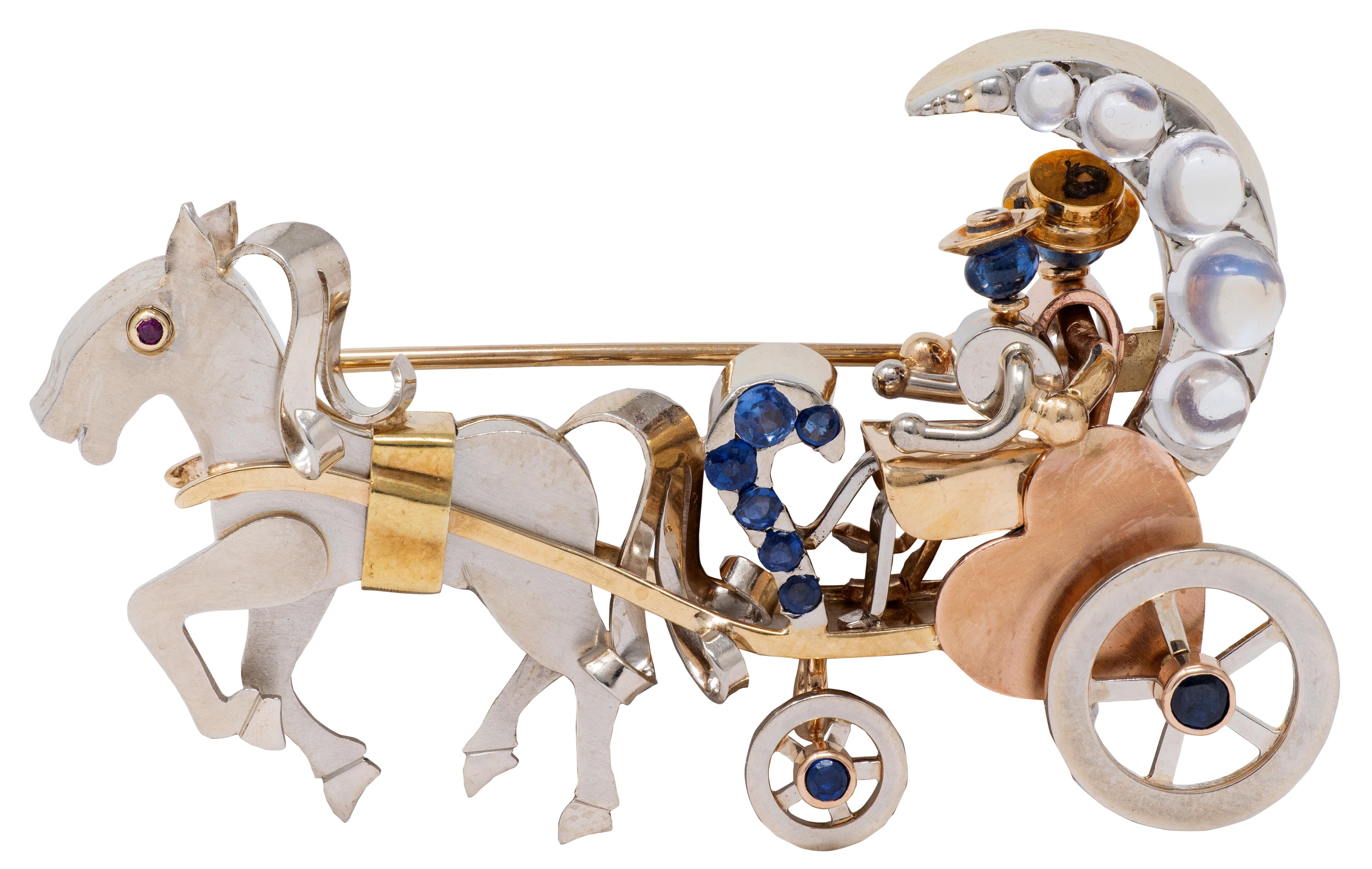 Retro Ruby Sapphire Moonstone 14 Karat Tri-Gold Vintage Horse Carriage Brooch