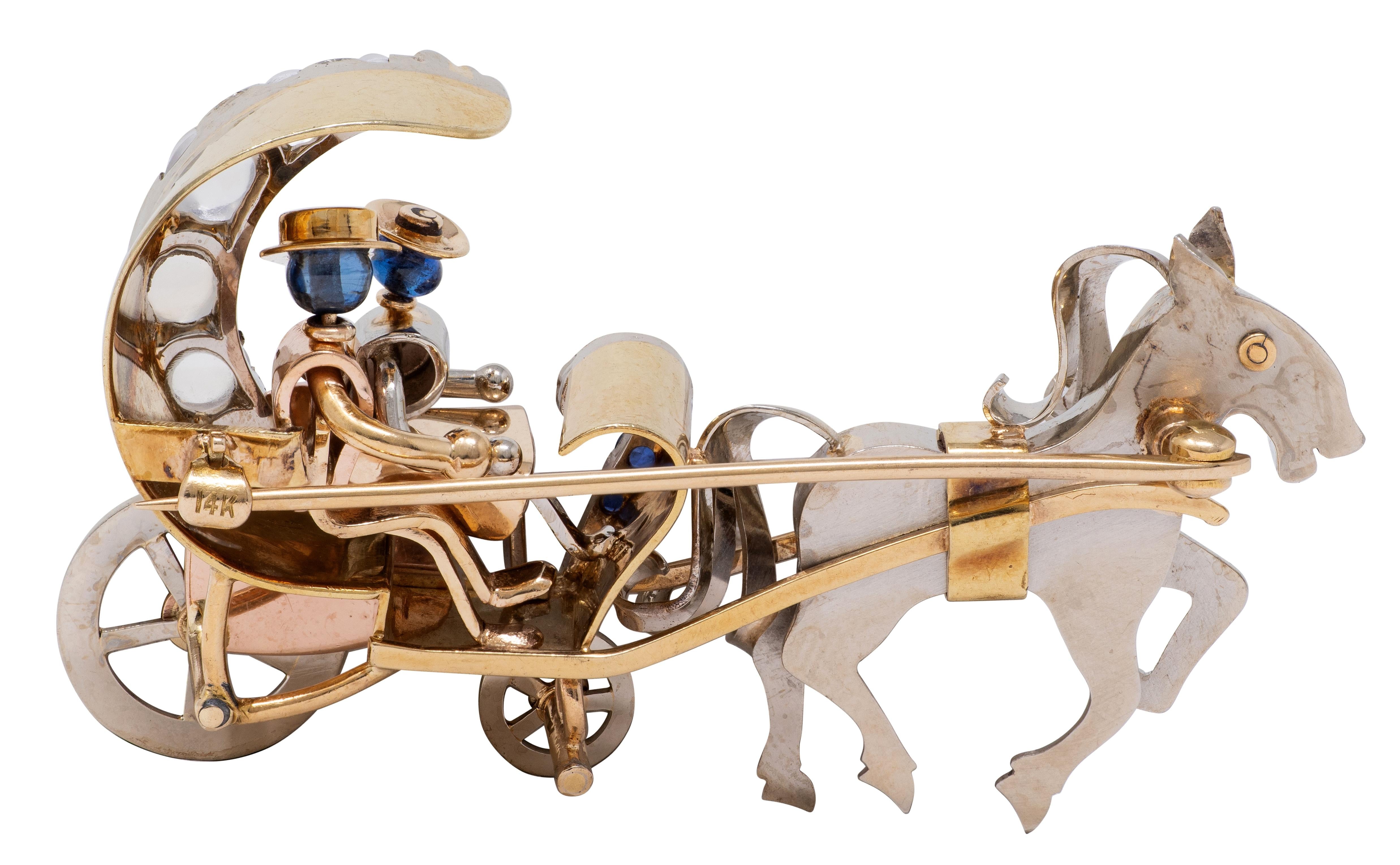 Retro Ruby Sapphire Moonstone 14 Karat Tri-Gold Vintage Horse Carriage Brooch