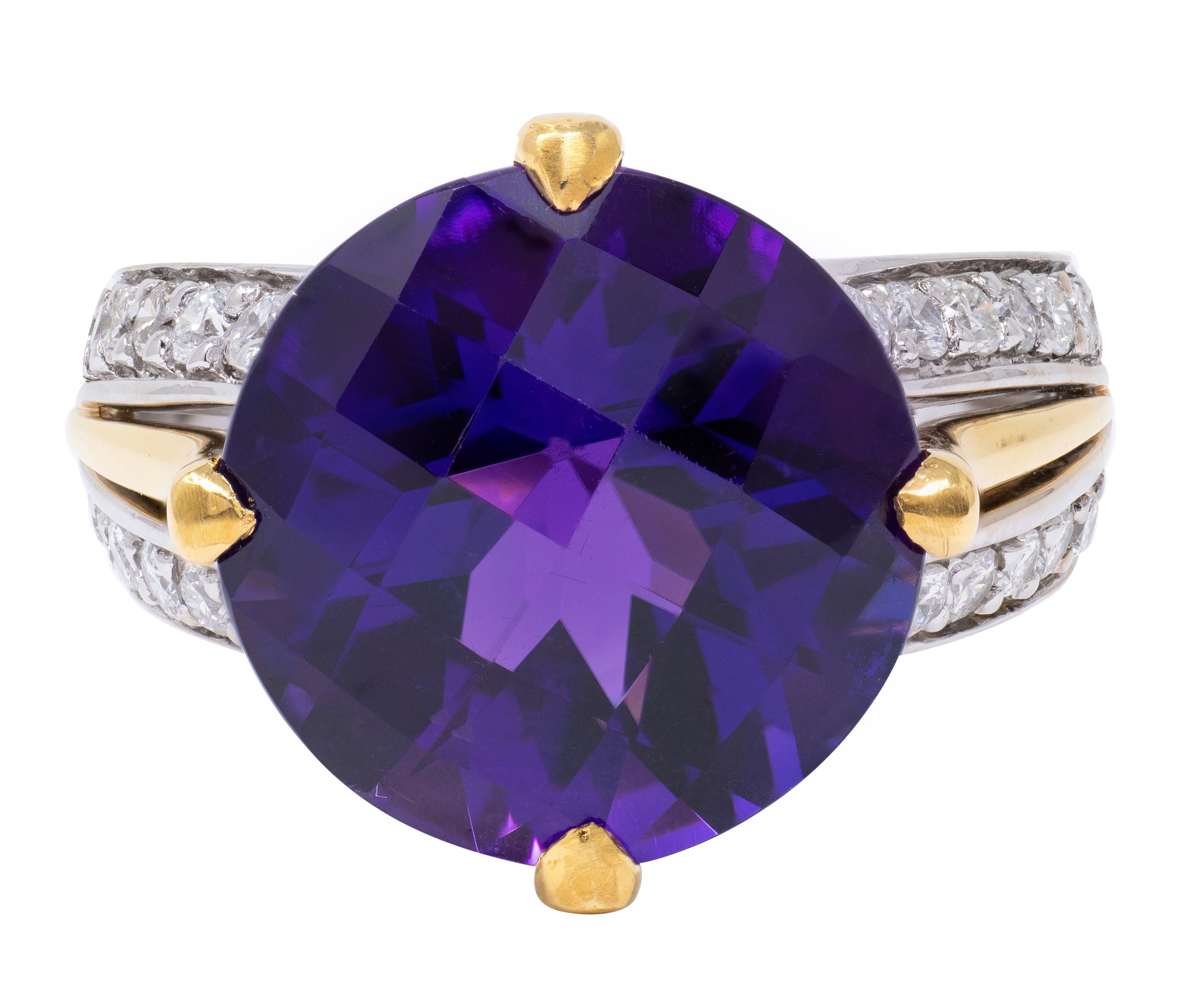 2000's Amethyst Diamond 18 Karat Two-Tone Gold Checkerboard Cocktail Ring