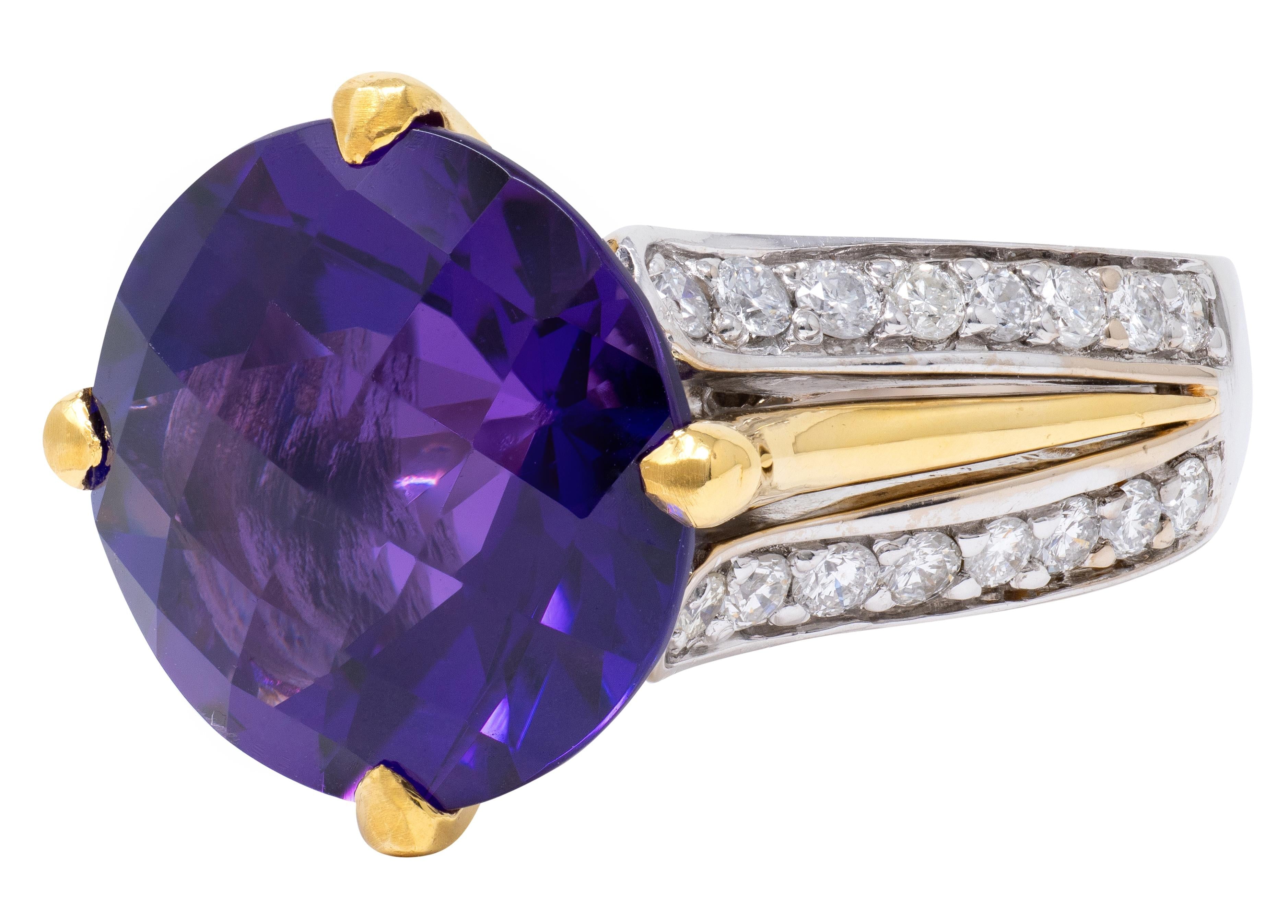 2000's Amethyst Diamond 18 Karat Two-Tone Gold Checkerboard Cocktail Ring