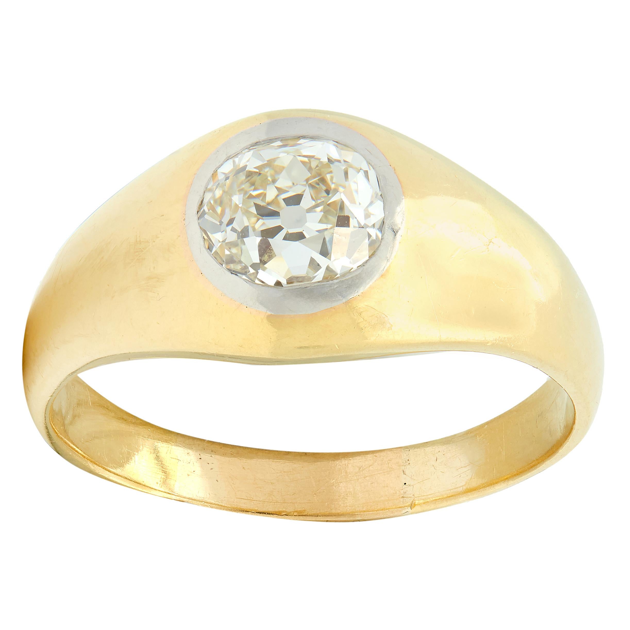 Early Art Deco 1.35 CT Old Mine Cut Diamond 18K Yellow Gold Antique Gypsy Ring