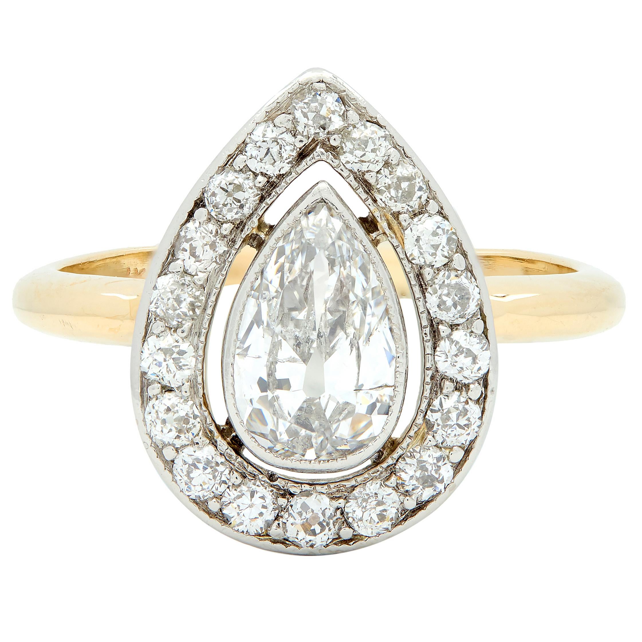 Edwardian 1.27 CTW Pear Cut Diamond Platinum 14K Gold Antique Floating Halo Ring