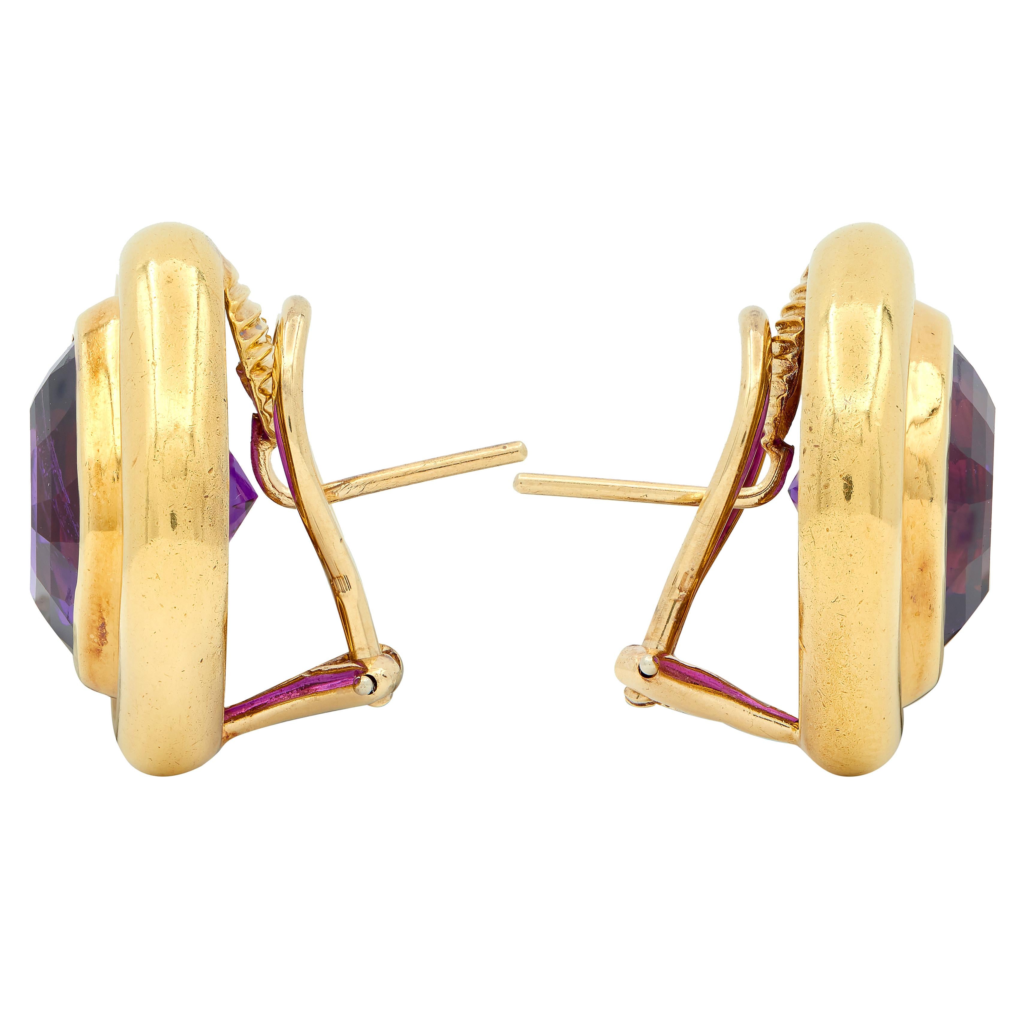 1980's Amethyst 14 Karat Yellow Gold Vintage Cushion Earrings