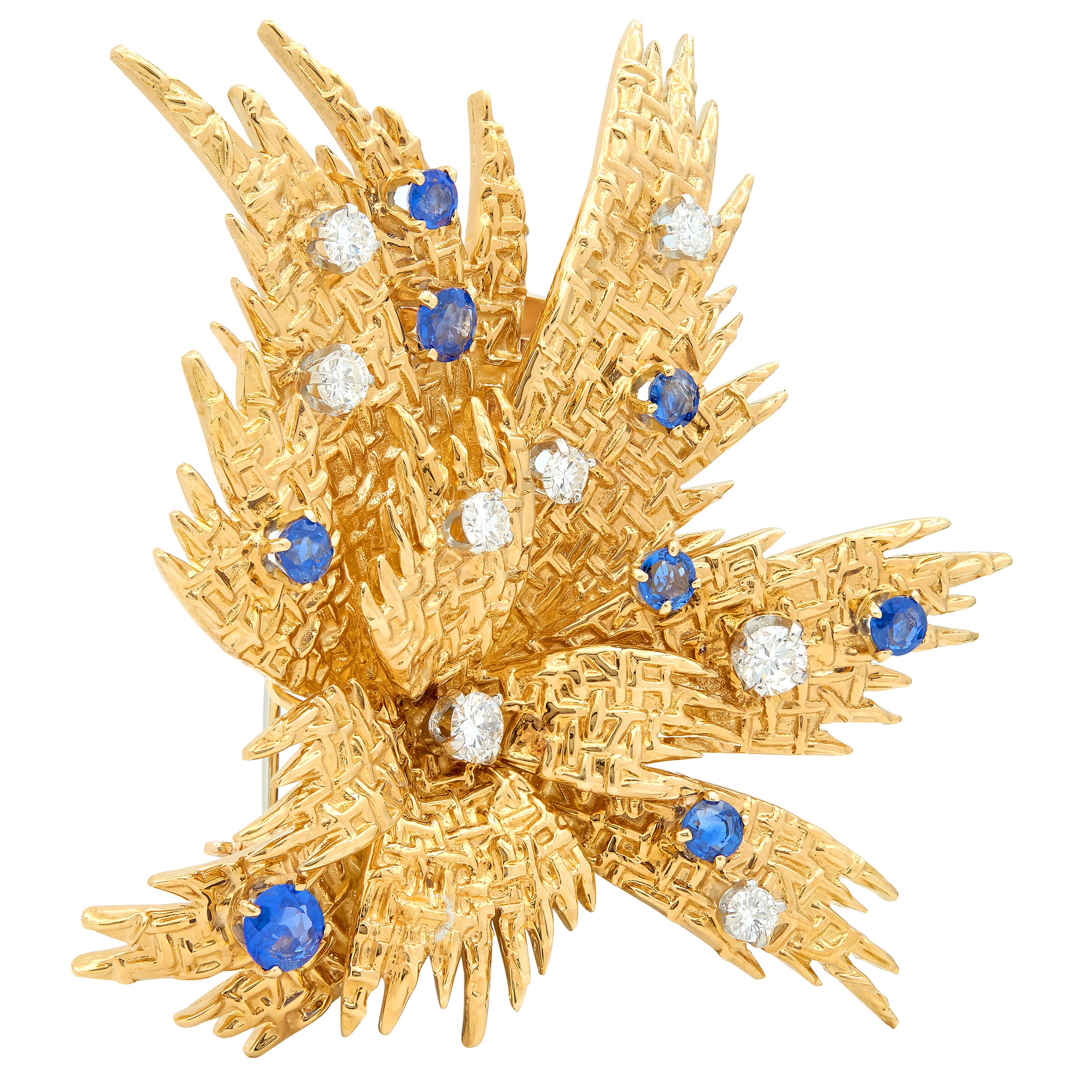 Van Cleef & Arpels French 1960's Sapphire Diamond 18K Gold Vintage Spray Brooch