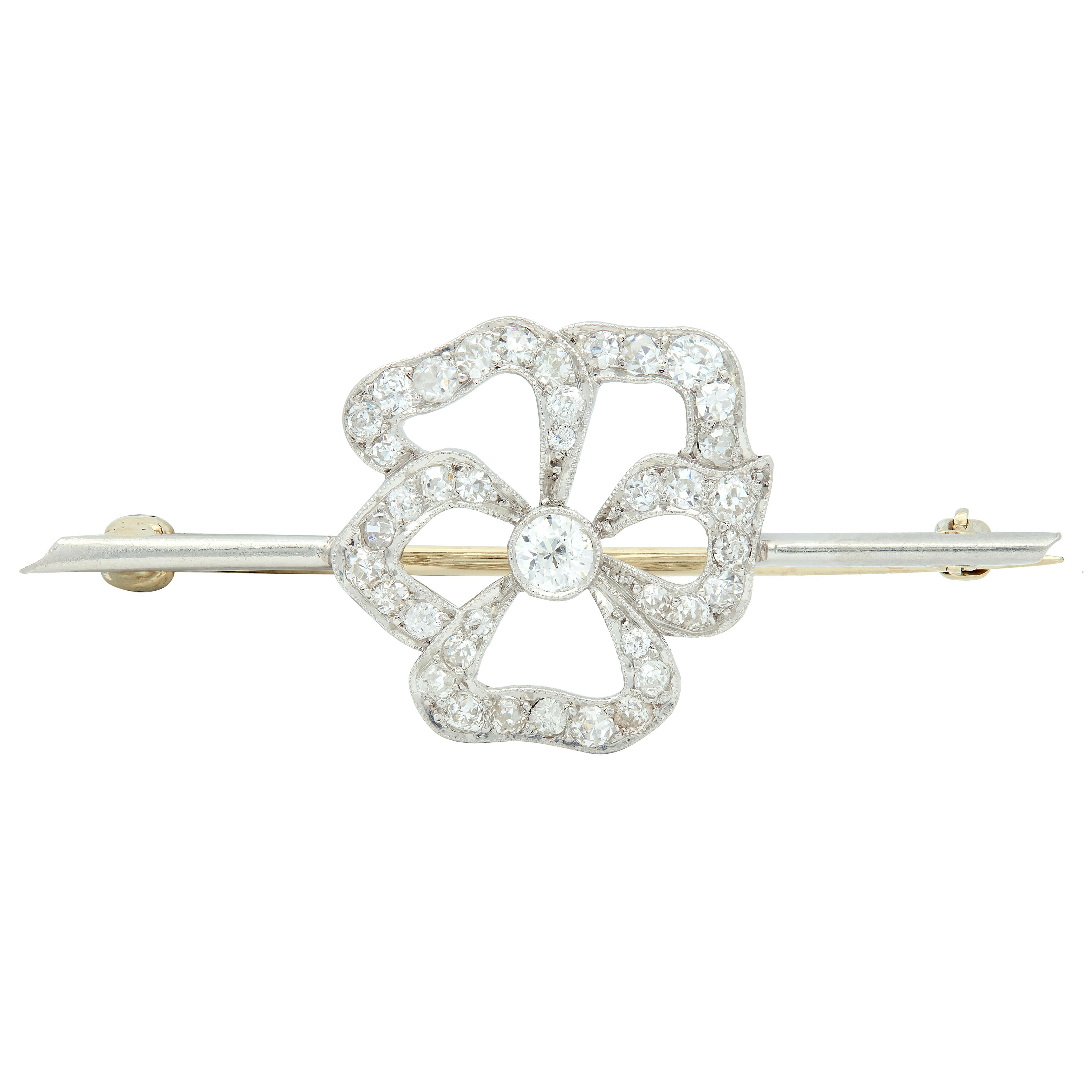 Art Deco Diamond Platinum Pansy Flower Vintage Bar Brooch