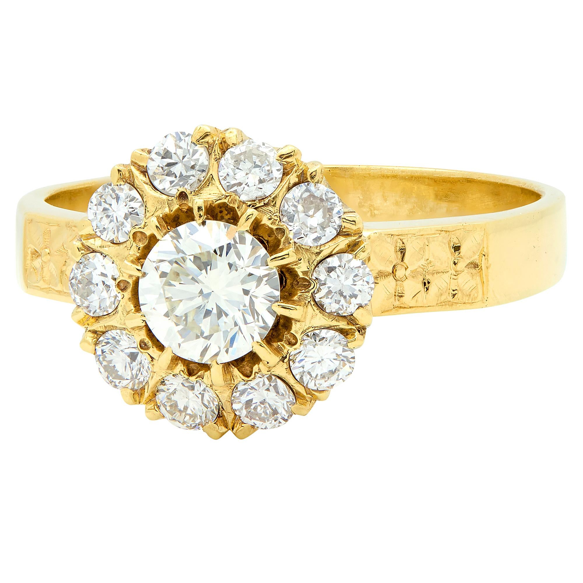 Art Deco Diamond 14 Karat Yellow Gold Floral Cluster Vintage Engagement Ring