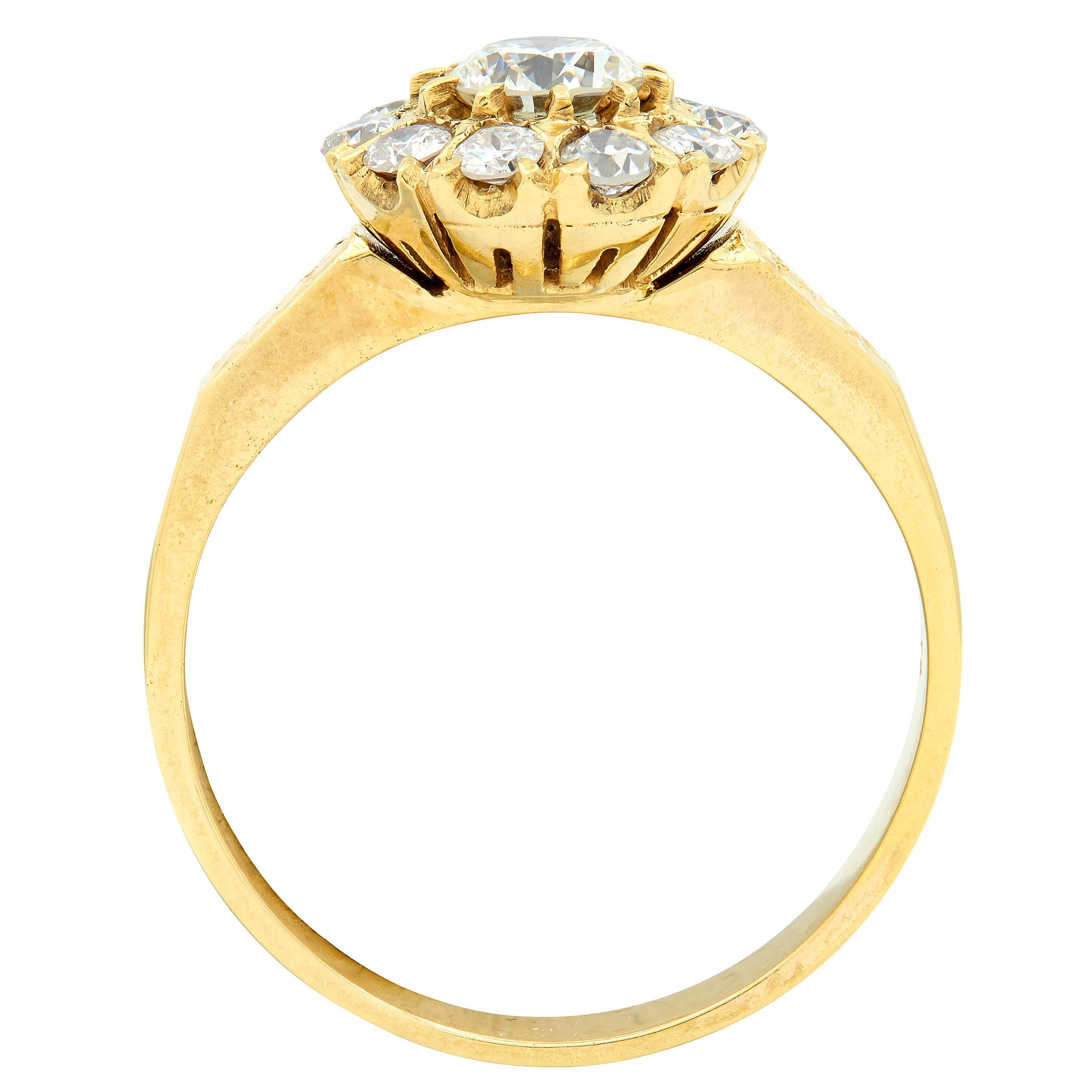 Art Deco Diamond 14 Karat Yellow Gold Floral Cluster Vintage Engagement Ring
