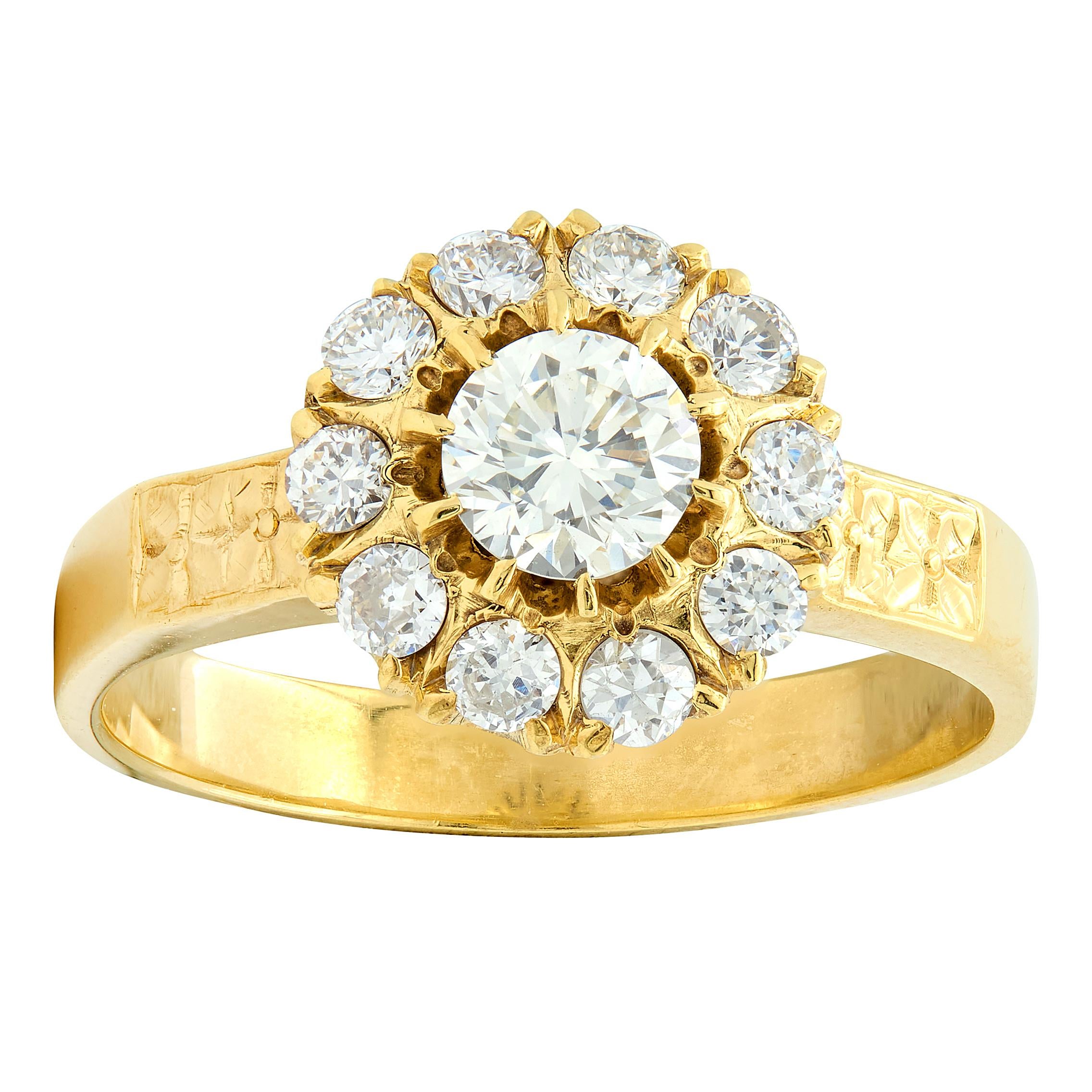 Art Deco Diamond 14 Karat Yellow Gold Floral Cluster Vintage Engagement Ring