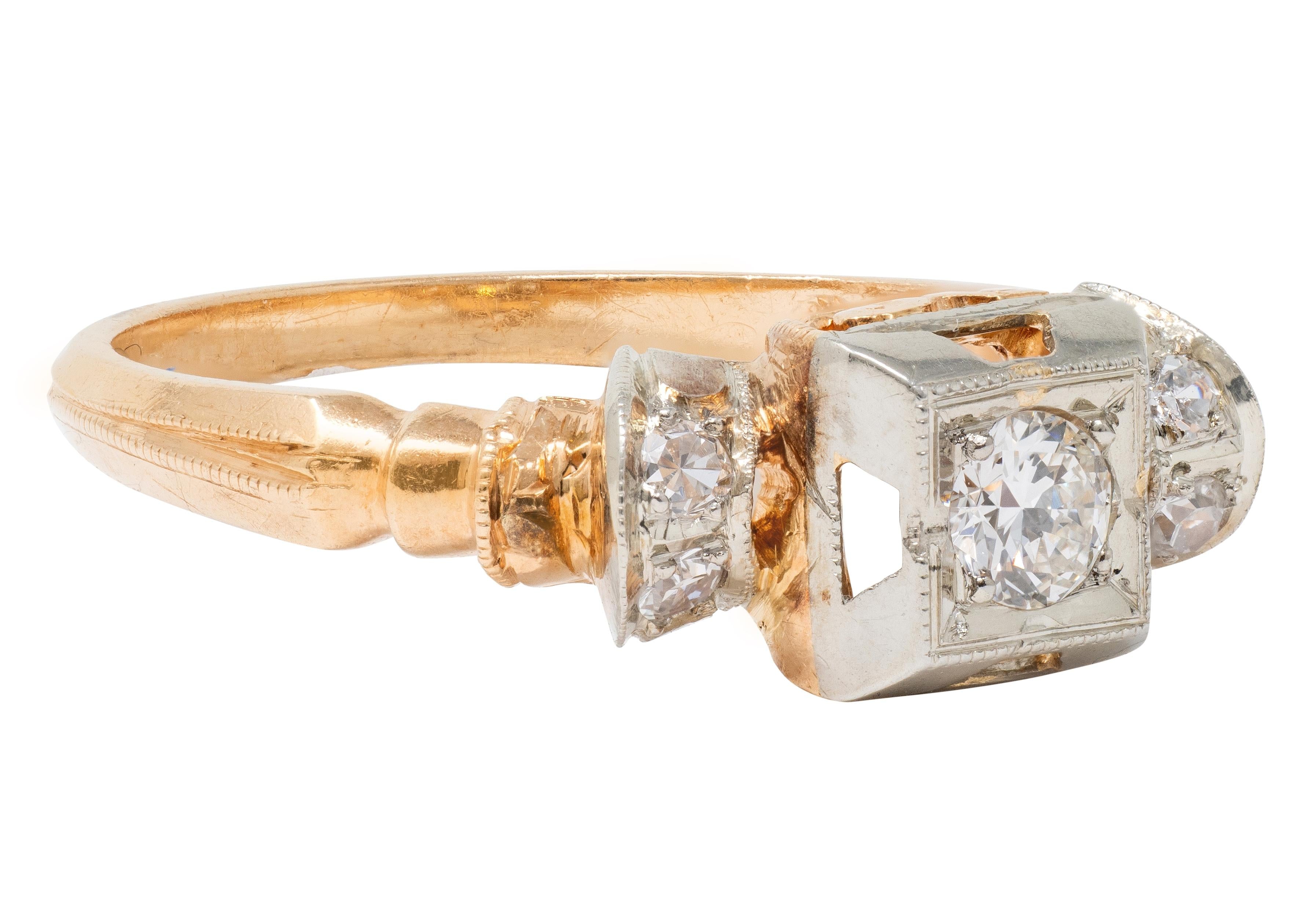 Retro 0.28 CTW Diamond 18 Karat Two-Tone Gold Fanning Vintage Engagement Ring