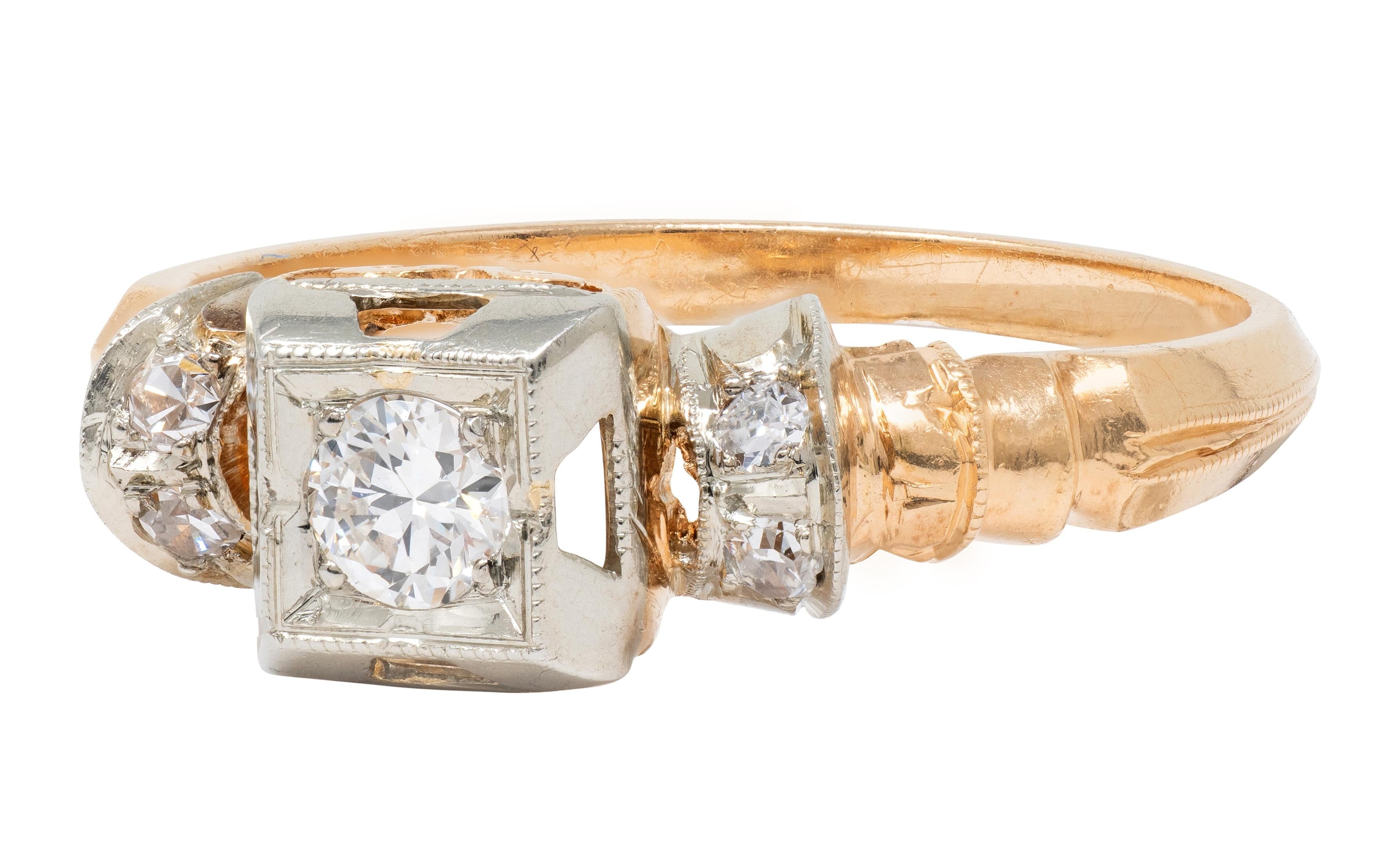 Retro 0.28 CTW Diamond 18 Karat Two-Tone Gold Fanning Vintage Engagement Ring