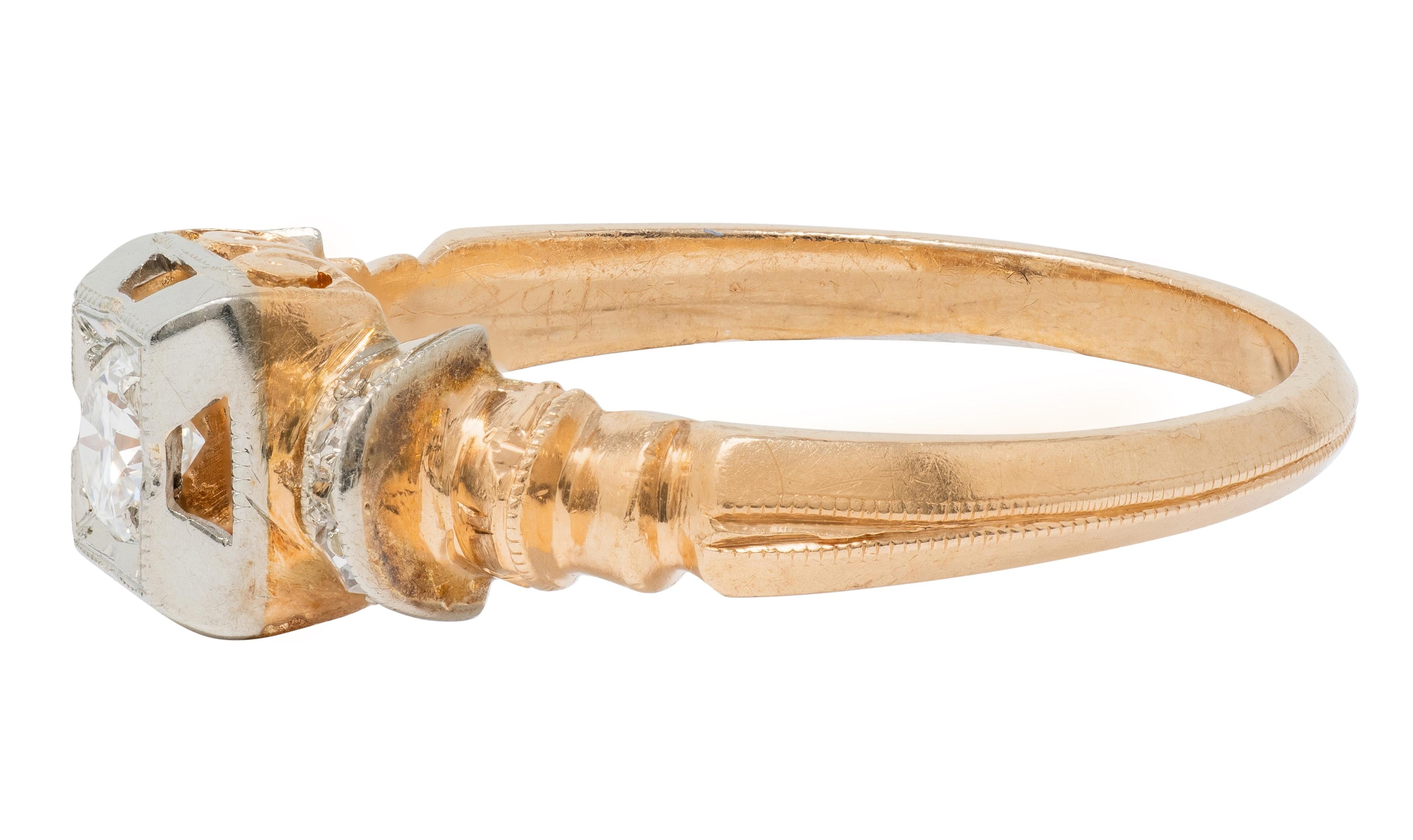 Retro 0.28 CTW Diamond 18 Karat Two-Tone Gold Fanning Vintage Engagement Ring