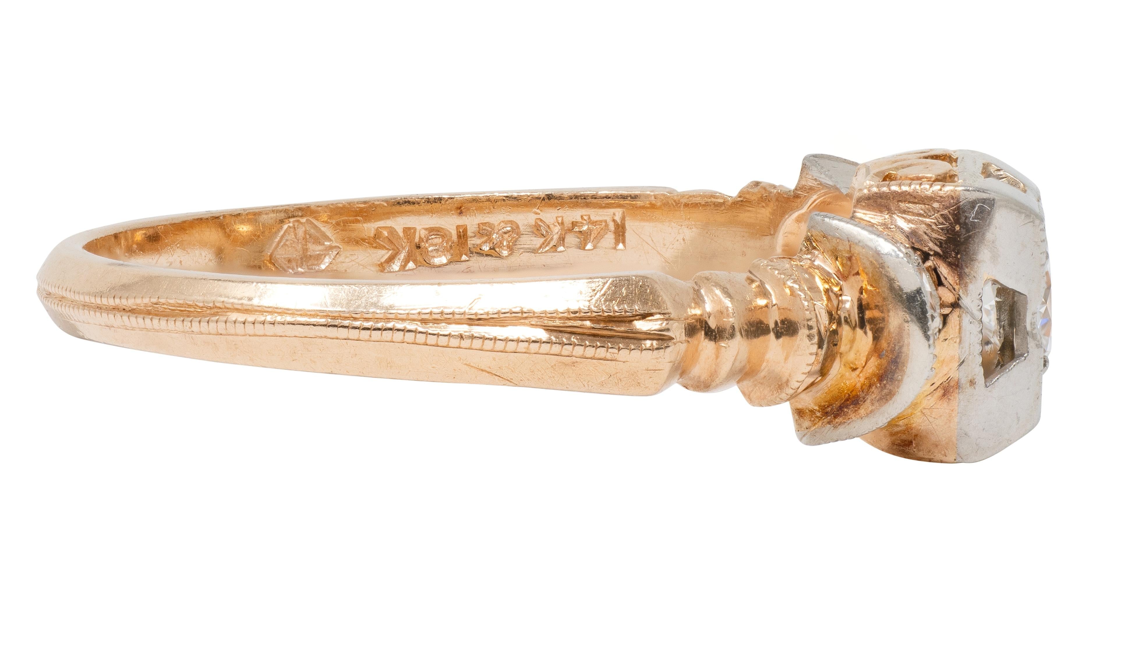 Retro 0.28 CTW Diamond 18 Karat Two-Tone Gold Fanning Vintage Engagement Ring