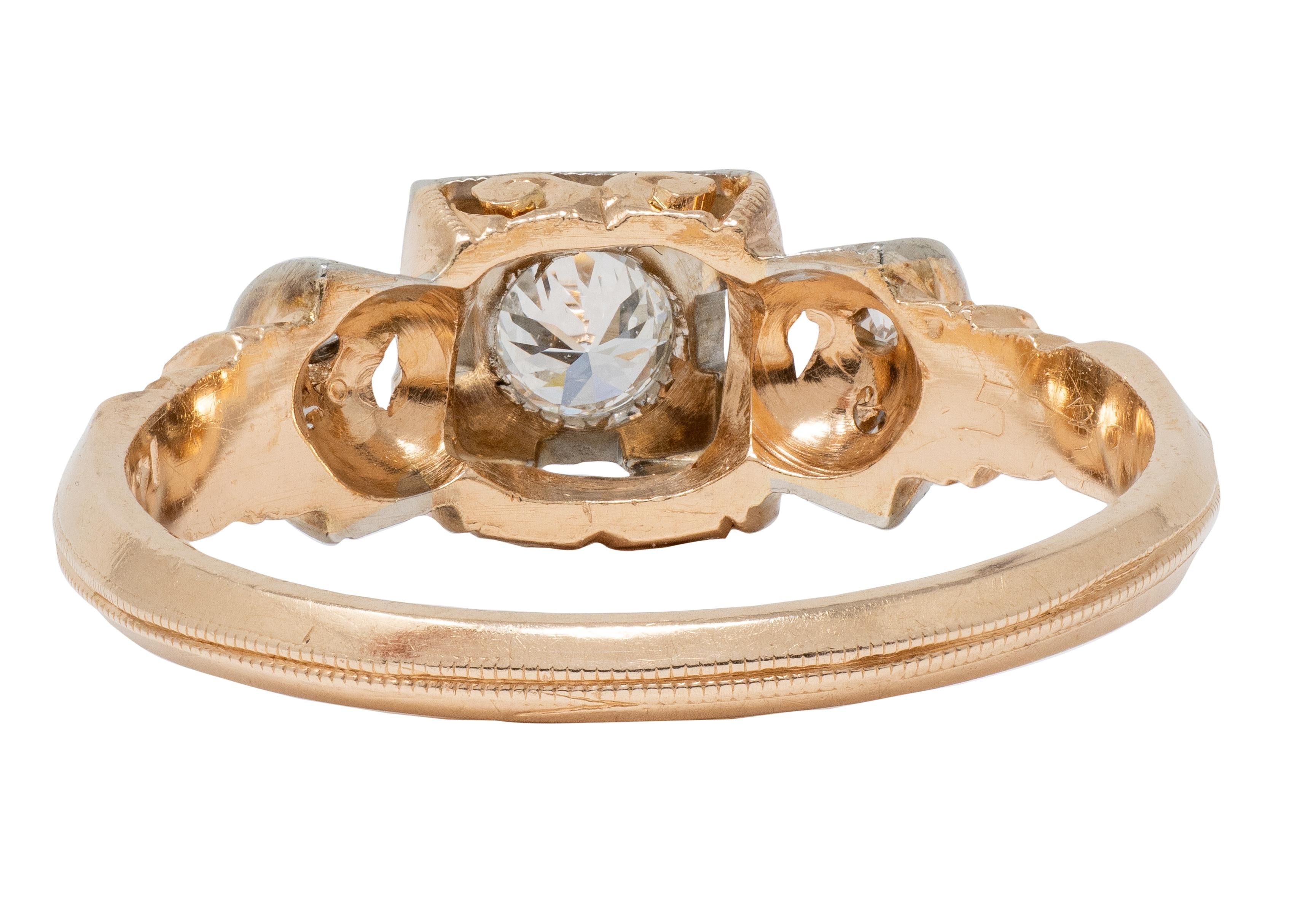 Retro 0.28 CTW Diamond 18 Karat Two-Tone Gold Fanning Vintage Engagement Ring