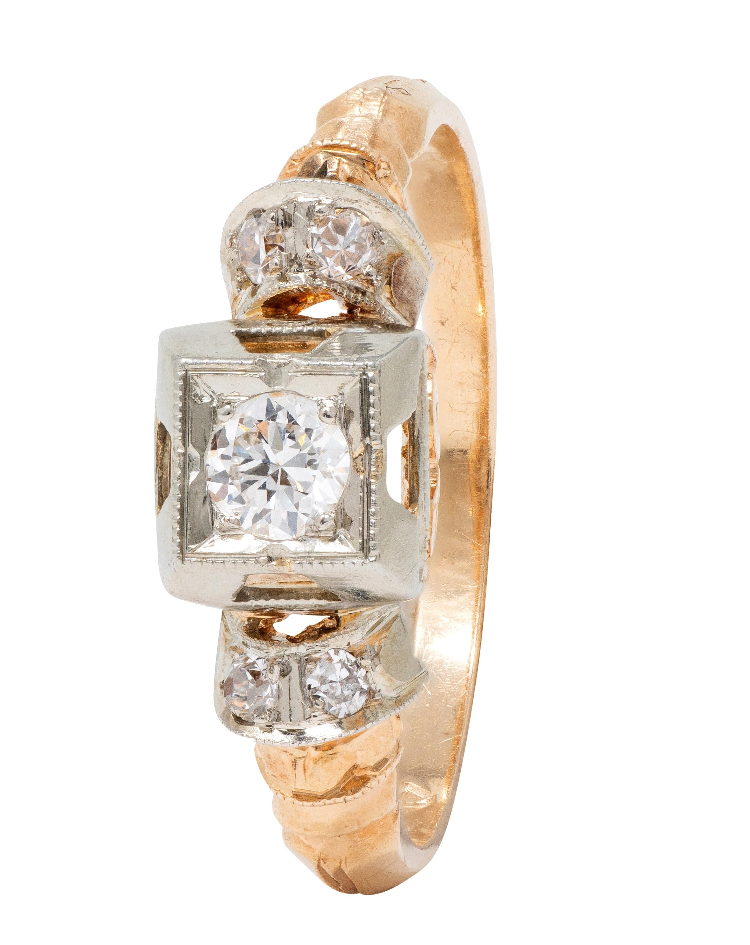 Retro 0.28 CTW Diamond 18 Karat Two-Tone Gold Fanning Vintage Engagement Ring