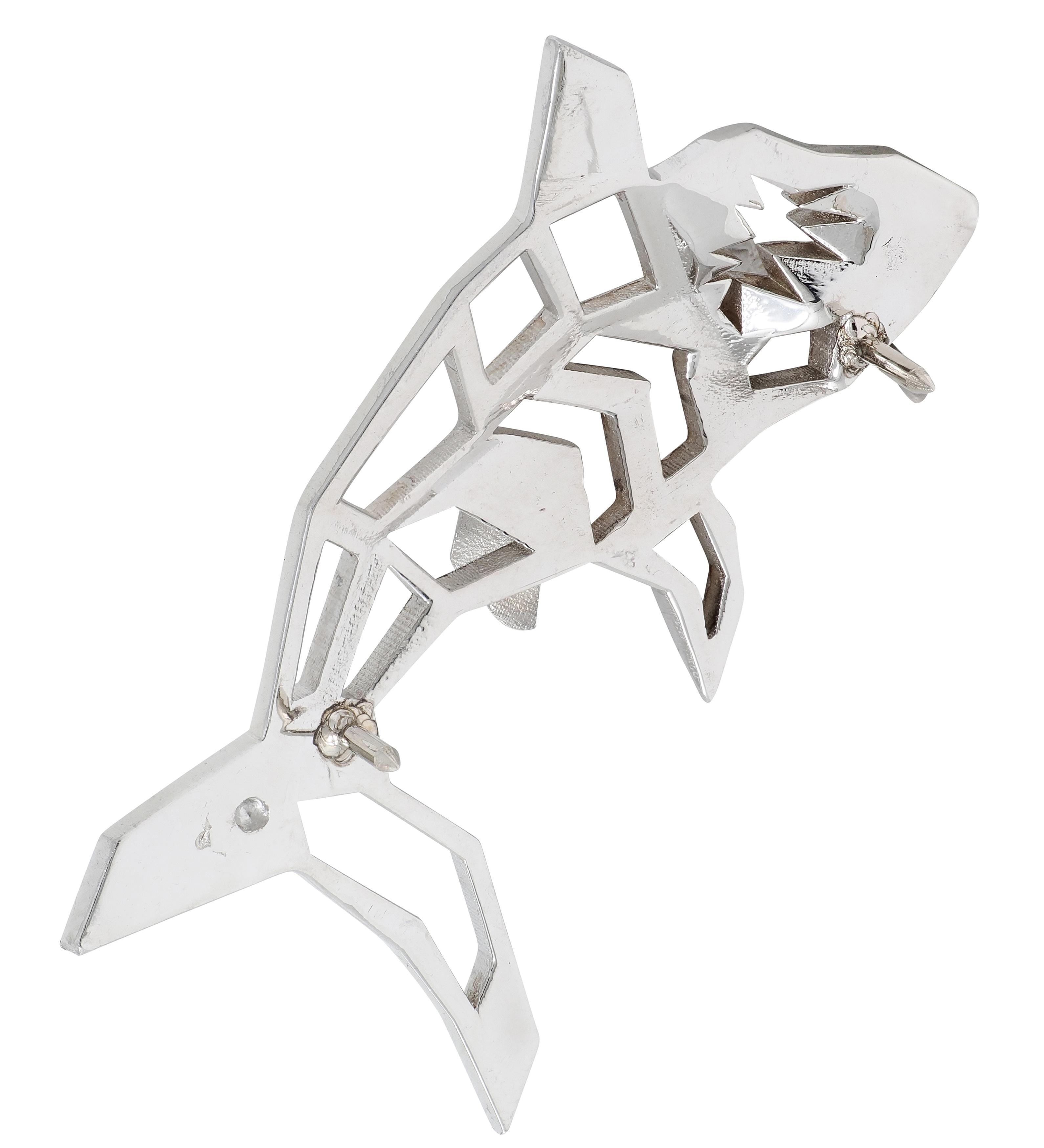 BRASH Platinum Faceted Geometric GEO Shark Unisex Brooch Pin