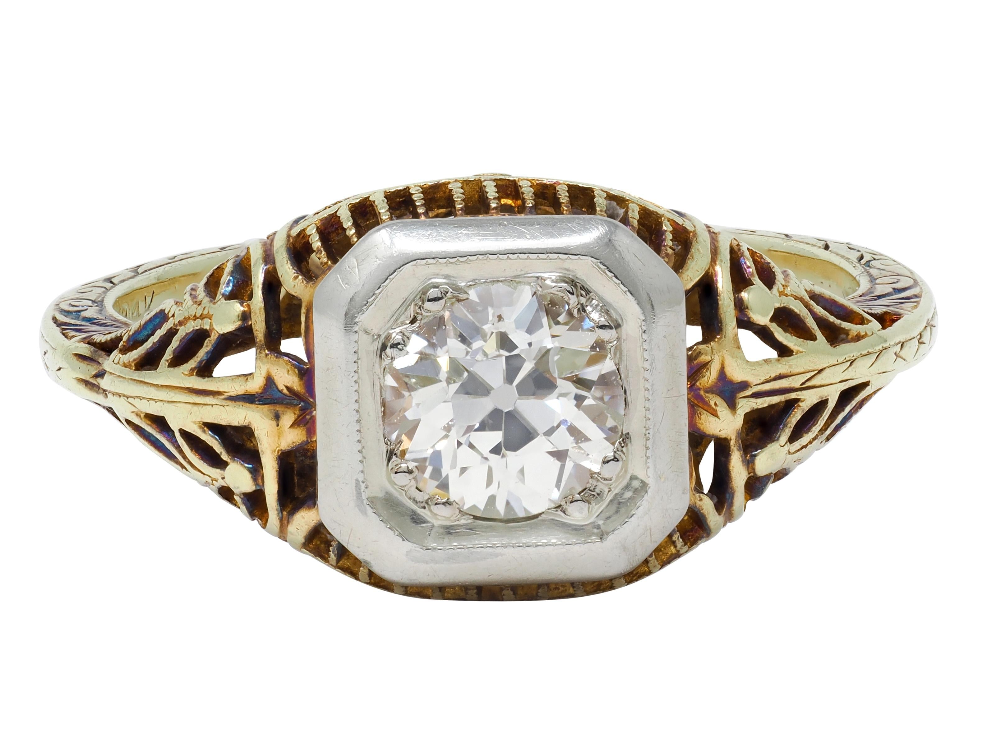 Edwardian Old European Cut Diamond 14 Karat Gold Foliate Engagement Ring