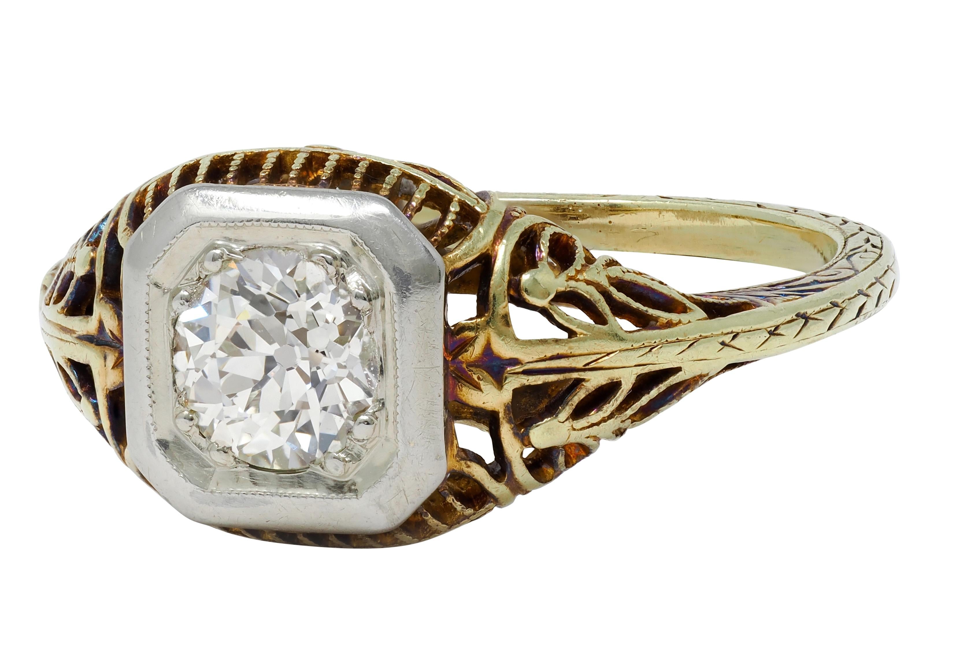 Edwardian Old European Cut Diamond 14 Karat Gold Foliate Engagement Ring