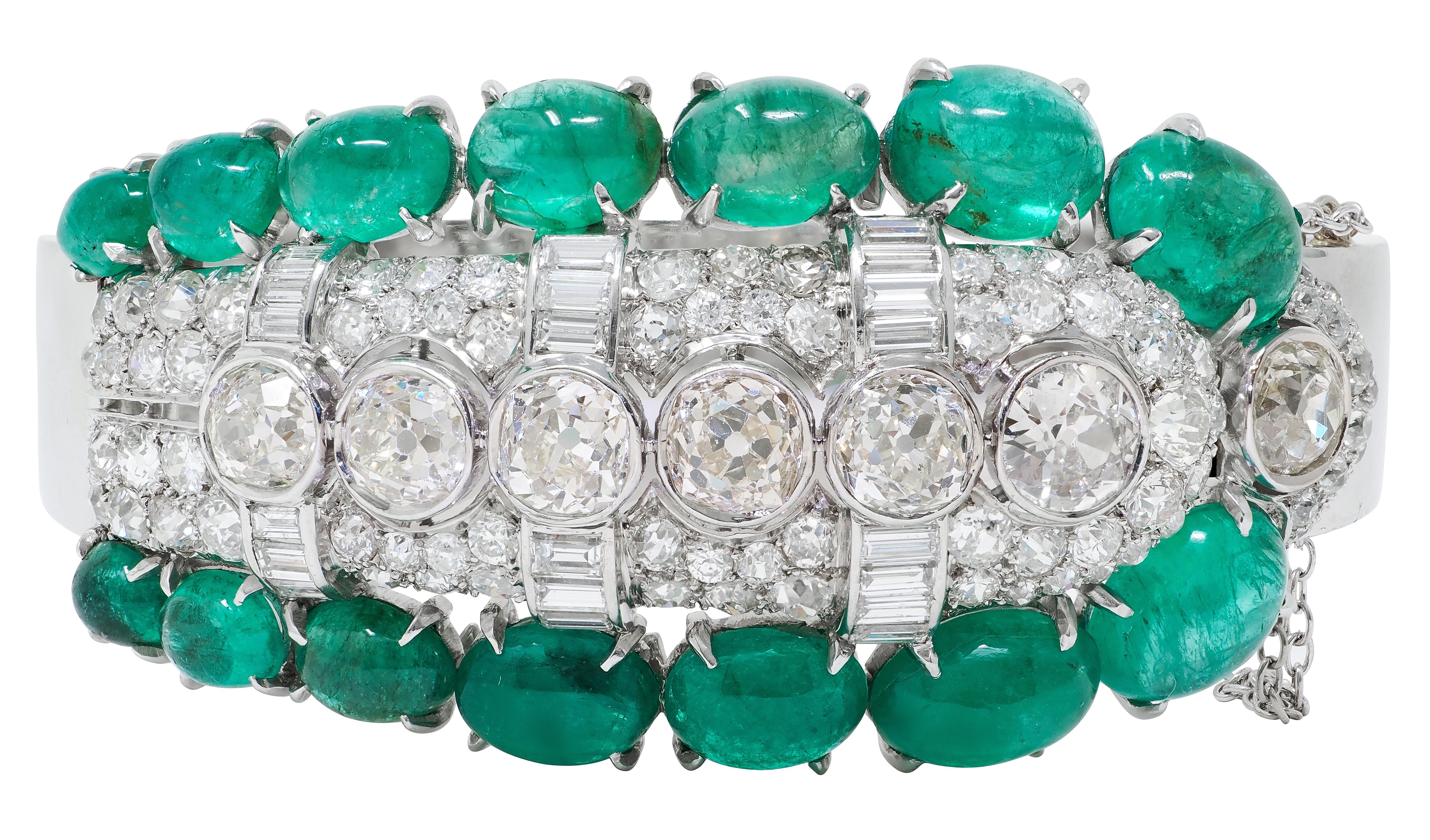 Art Deco 40.30 CTW Diamond Emerald Platinum 14K Gold Vintage Bangle Bracelet