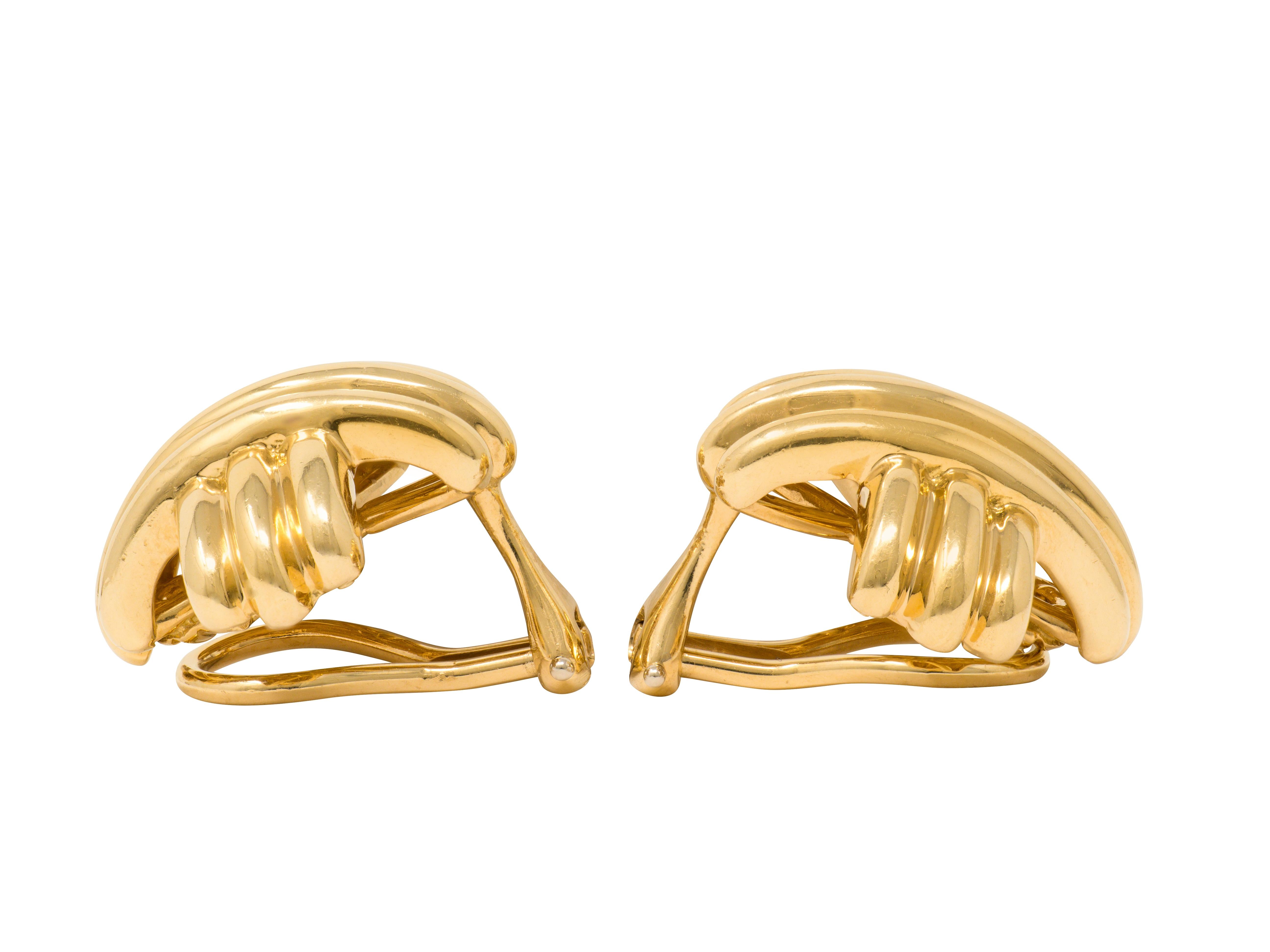 Tiffany & Co. 1990's 18K  Yellow Gold Fluted X Kiss Vintage Ear-Clip Earrings