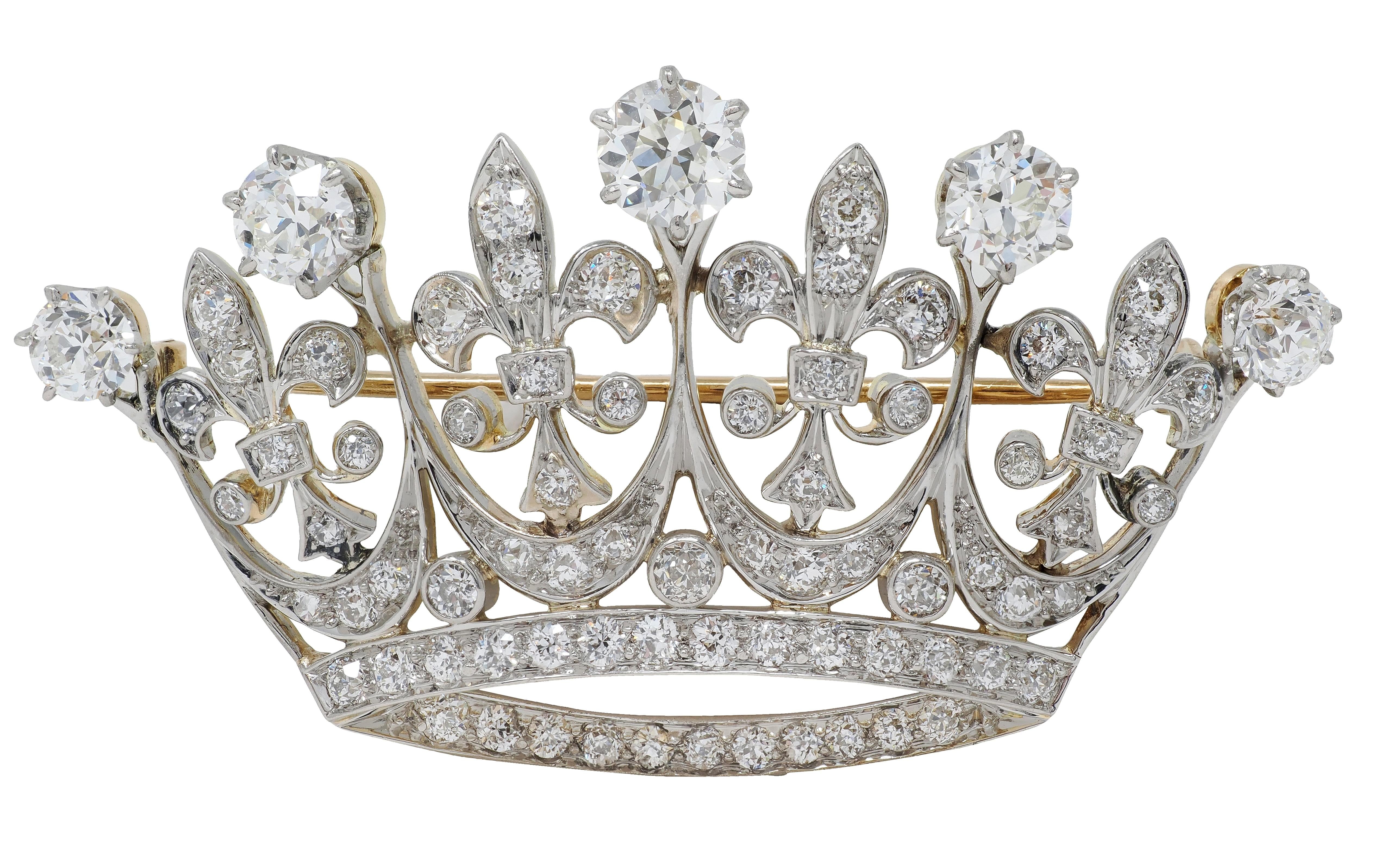 Edwardian 5.15 CTW Diamond Platinum-Topped 18K Yellow Gold Antique Crown Brooch