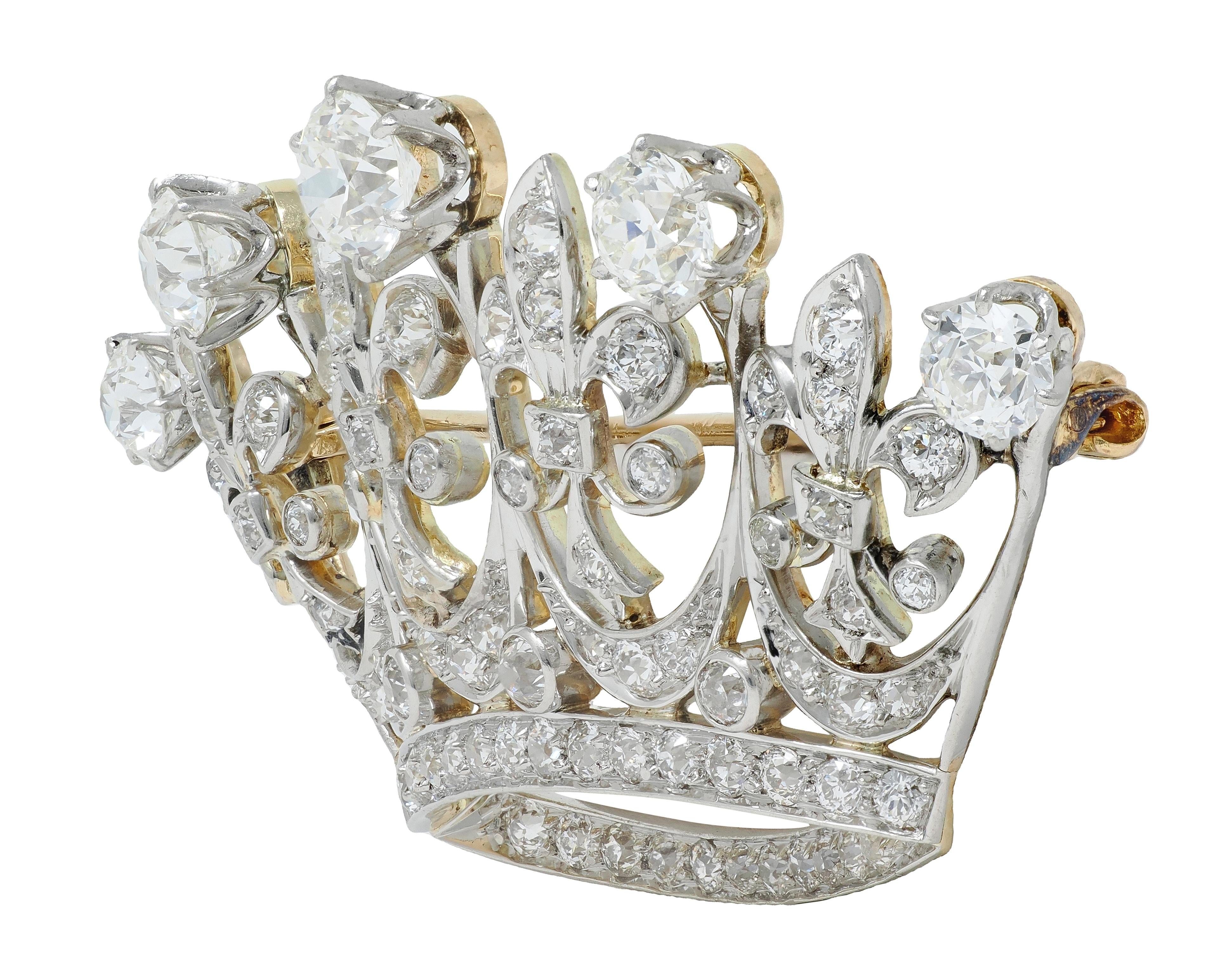Edwardian 5.15 CTW Diamond Platinum-Topped 18K Yellow Gold Antique Crown Brooch