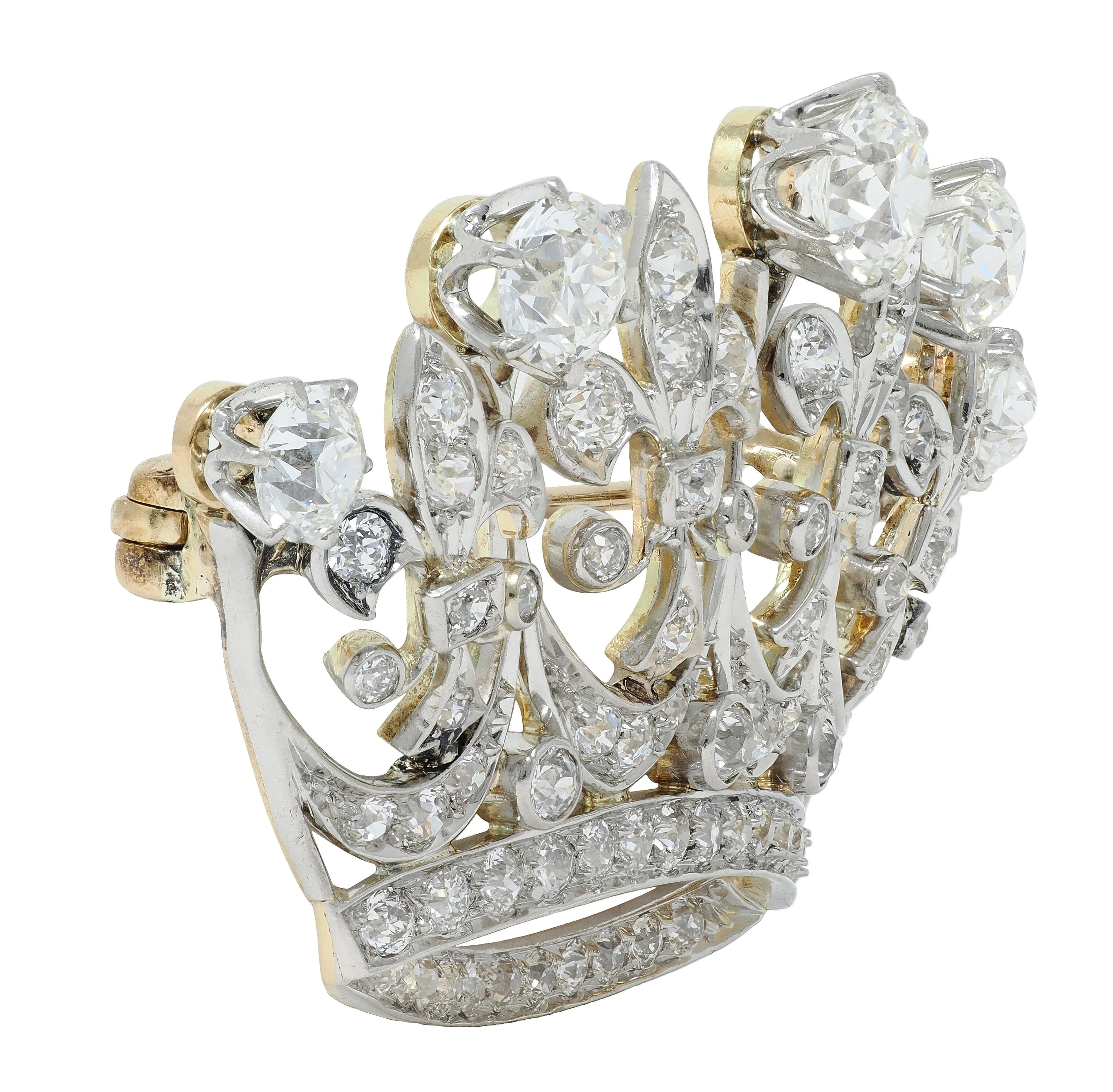 Edwardian 5.15 CTW Diamond Platinum-Topped 18K Yellow Gold Antique Crown Brooch