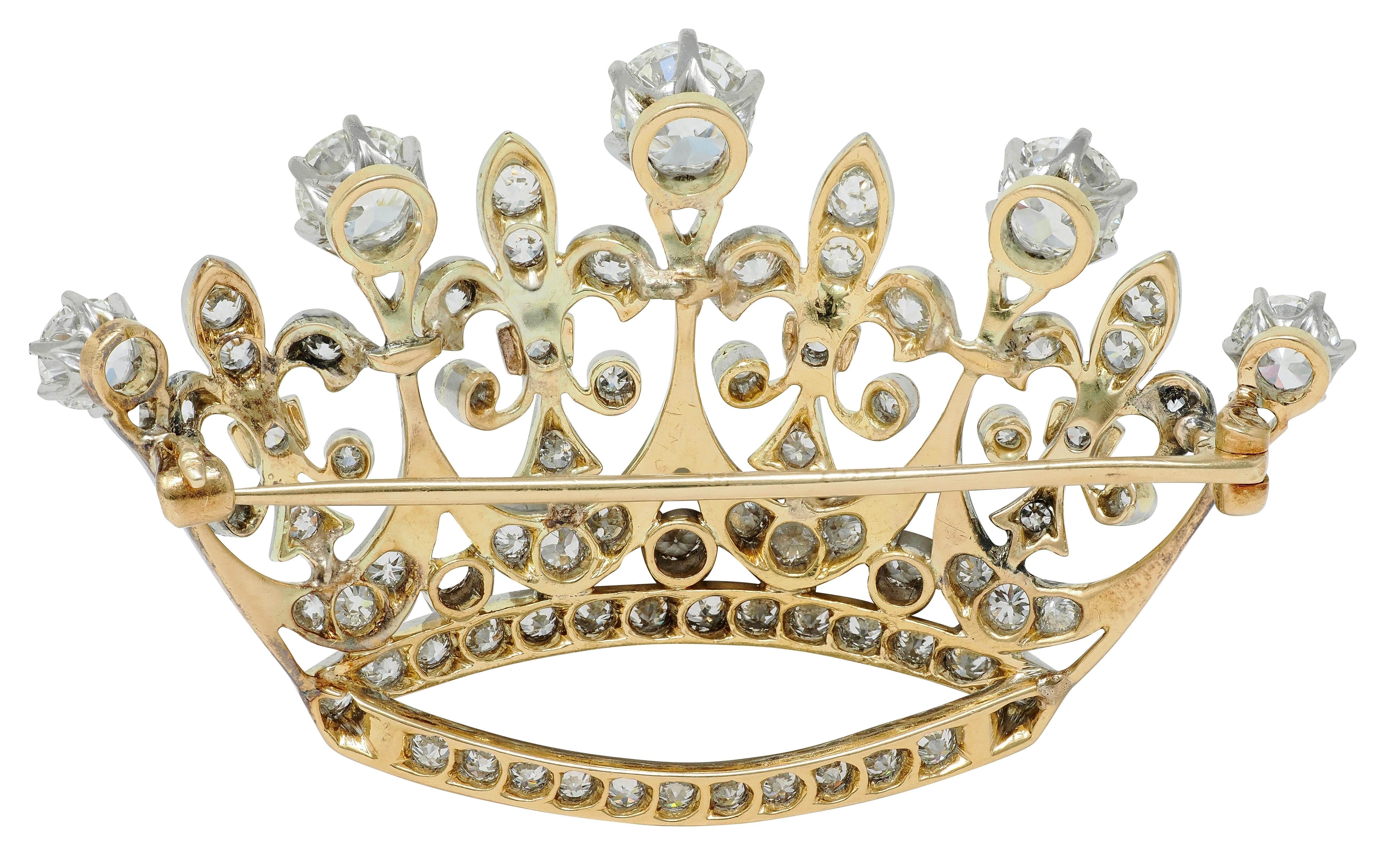 Edwardian 5.15 CTW Diamond Platinum-Topped 18K Yellow Gold Antique Crown Brooch