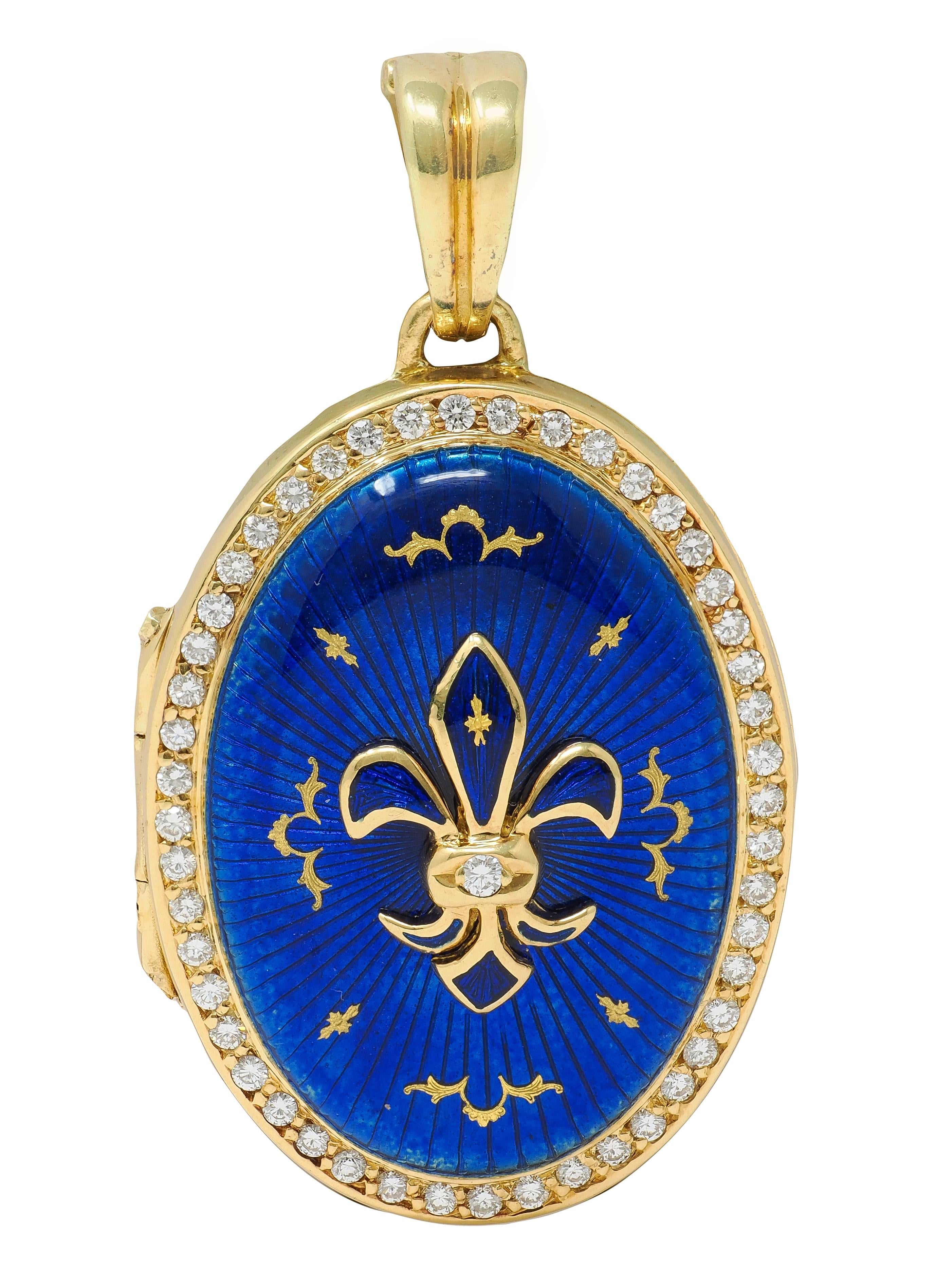 Fabergé Diamond Enamel 18K Gold Fleur-De-Lis Guilloche Locket Pendant