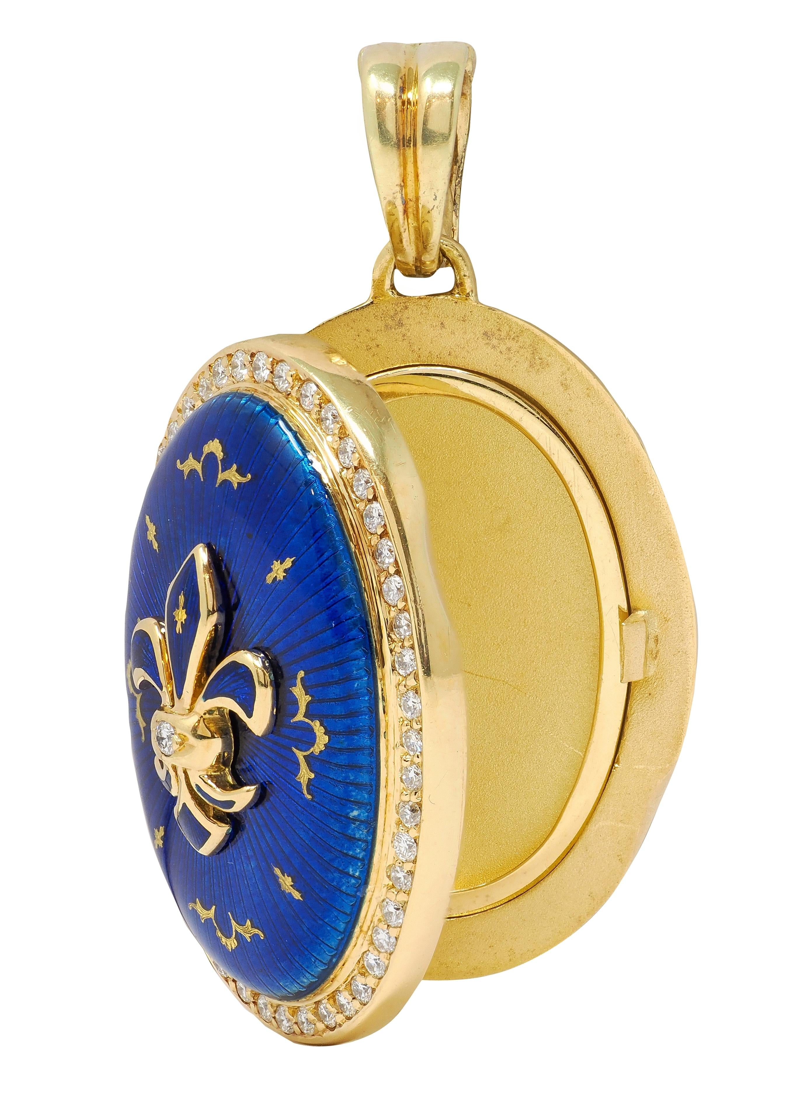Fabergé Diamond Enamel 18K Gold Fleur-De-Lis Guilloche Locket Pendant