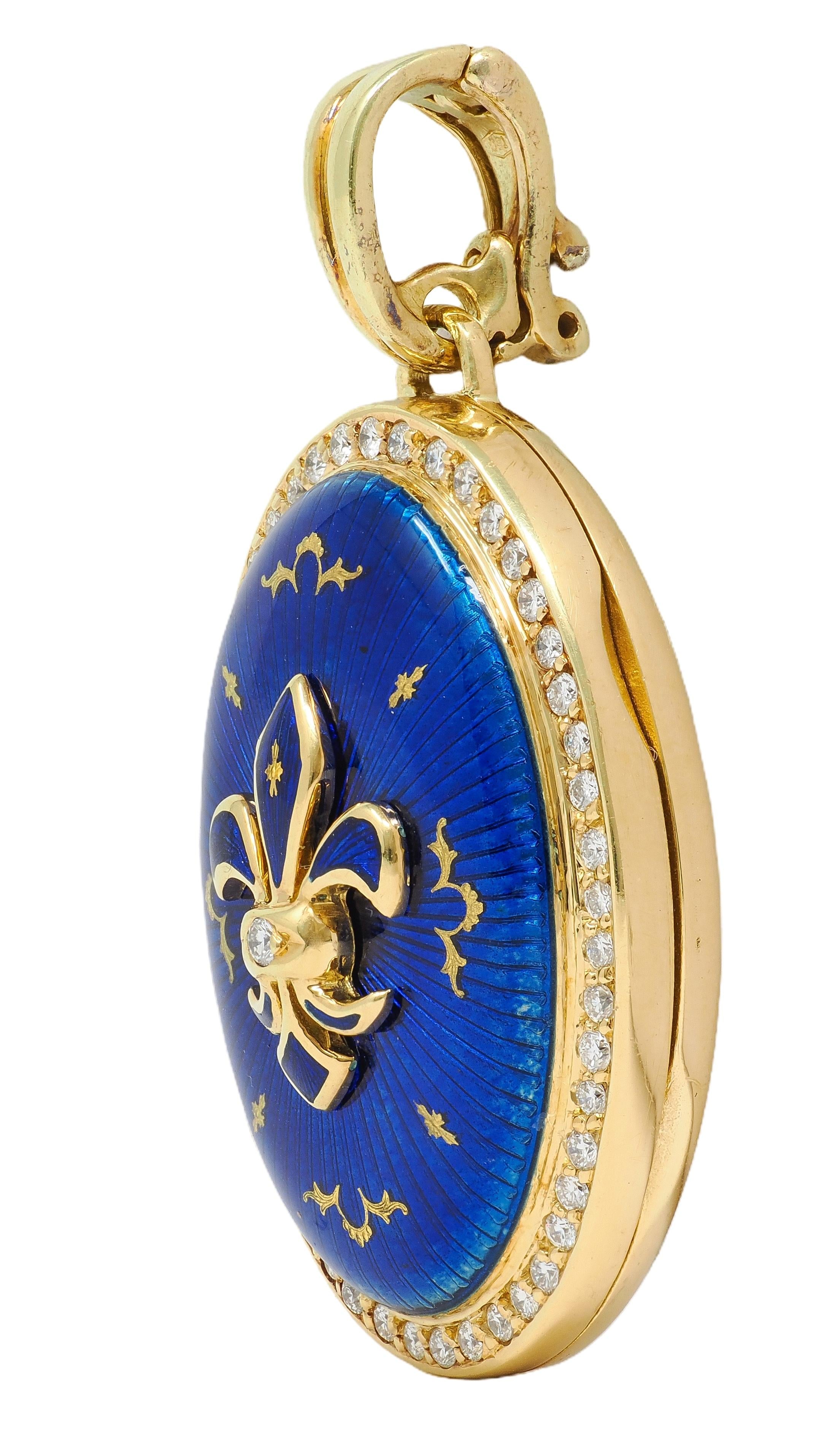 Fabergé Diamond Enamel 18K Gold Fleur-De-Lis Guilloche Locket Pendant