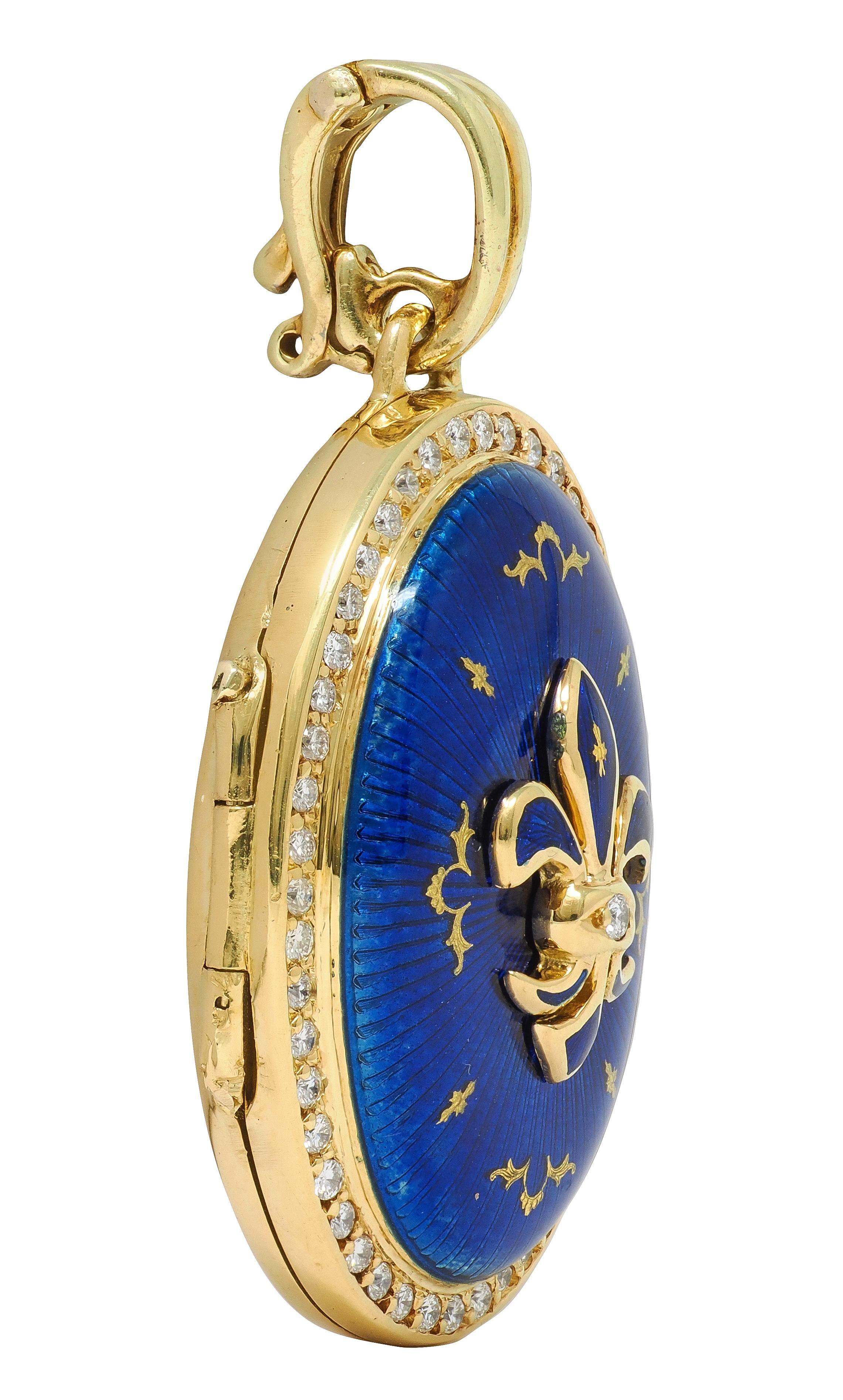 Fabergé Diamond Enamel 18K Gold Fleur-De-Lis Guilloche Locket Pendant