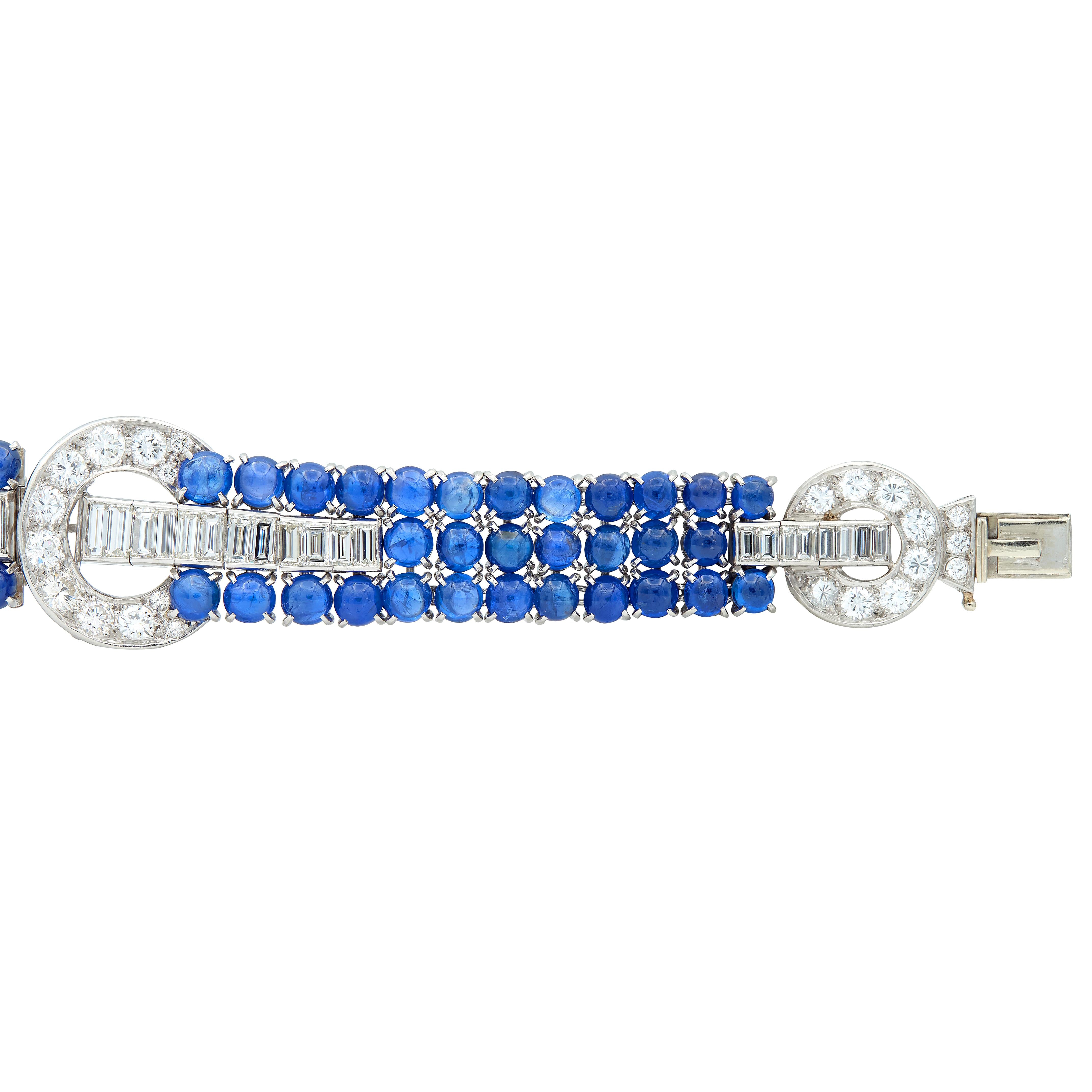 Art Deco 35.50 CTW Sapphire Diamond Platinum Vintage Buckle Line Bracelet
