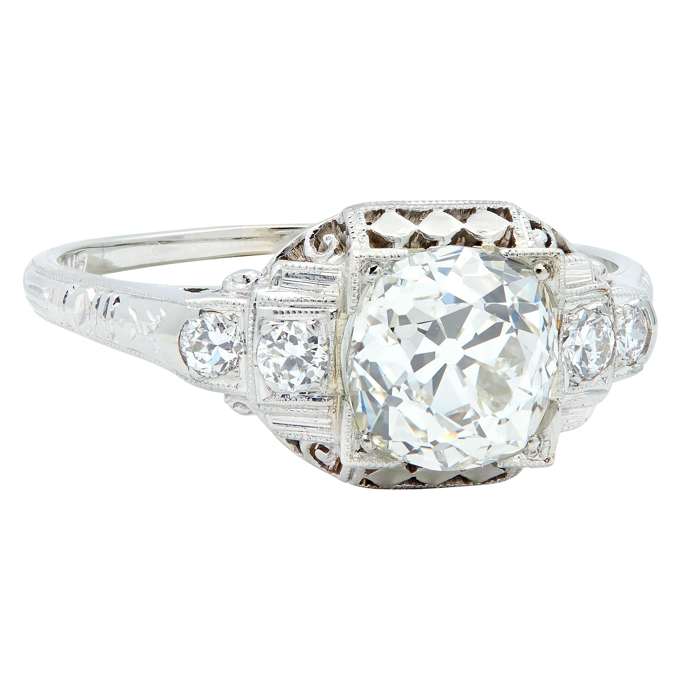 Art Deco 1.58 CTW Old European Diamond 18K Checkerboard Vintage Engagement Ring