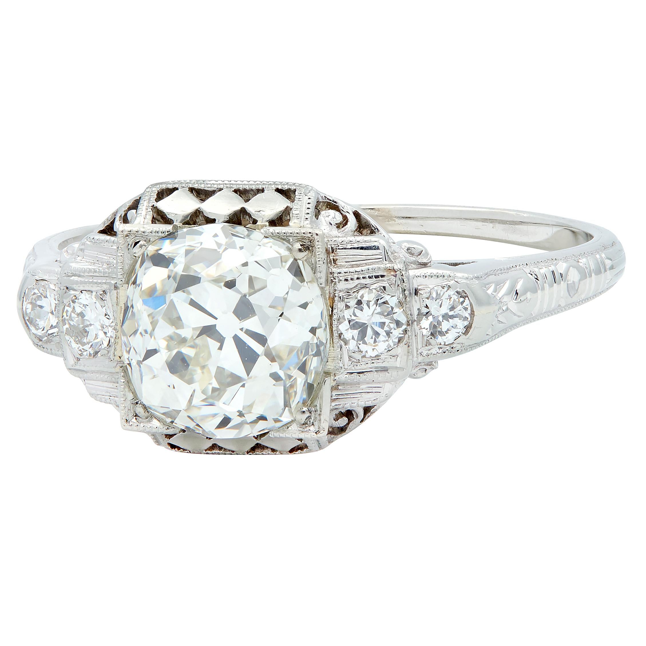 Art Deco 1.58 CTW Old European Diamond 18K Checkerboard Vintage Engagement Ring