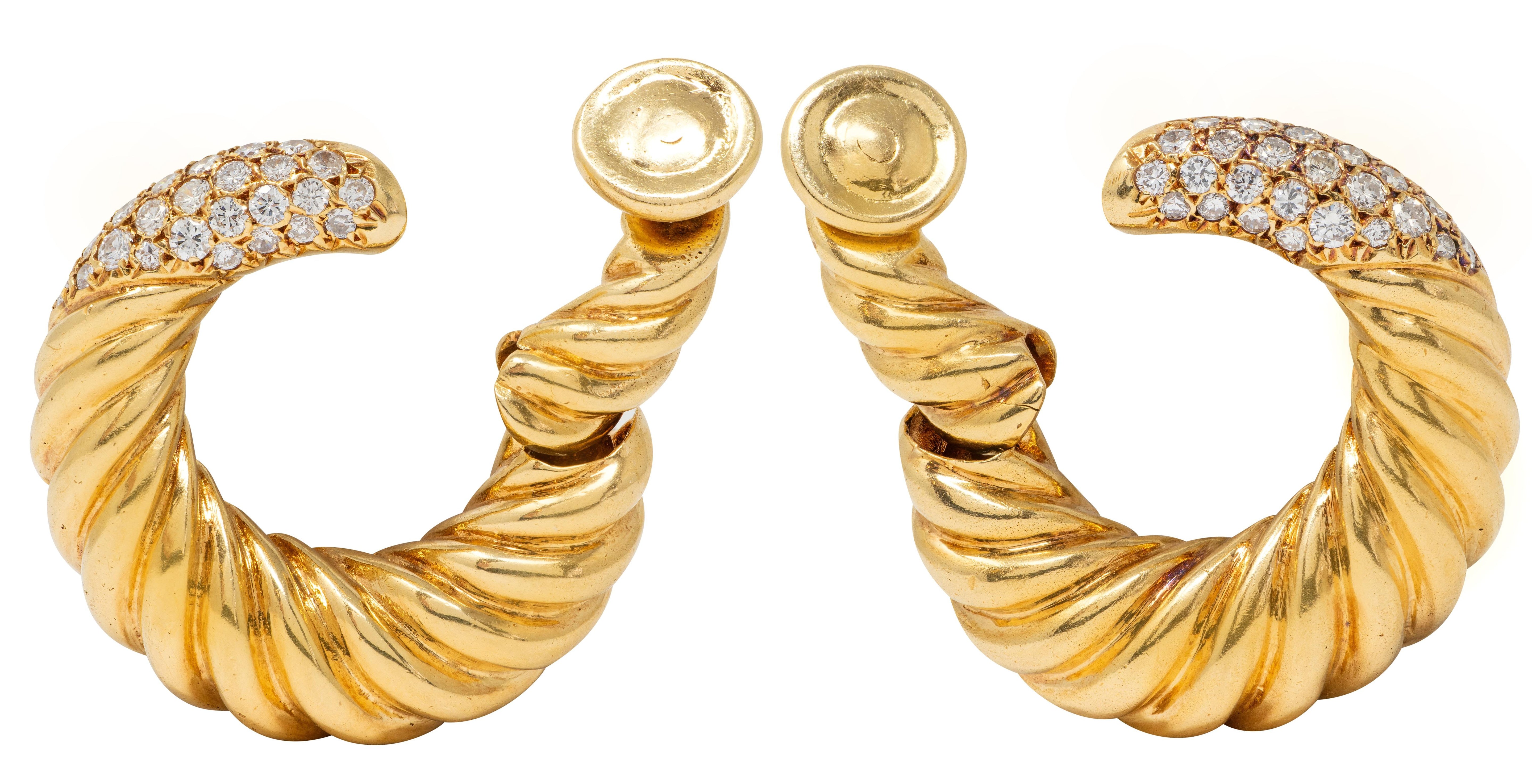 Van Cleef & Arpels 1977 French Diamond 18K Gold Twist Hoop Ear-Clip Earrings