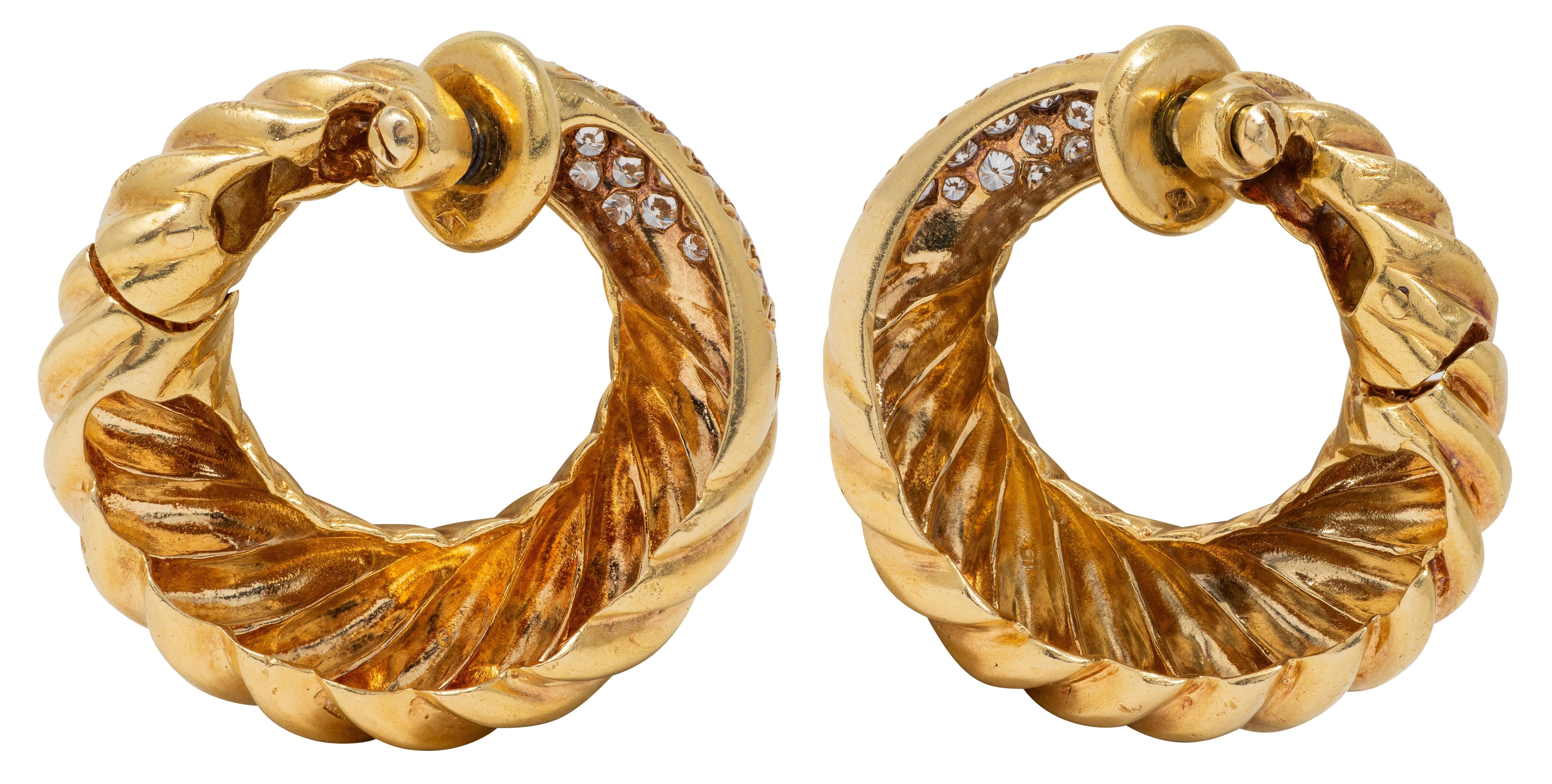 Van Cleef & Arpels 1977 French Diamond 18K Gold Twist Hoop Ear-Clip Earrings