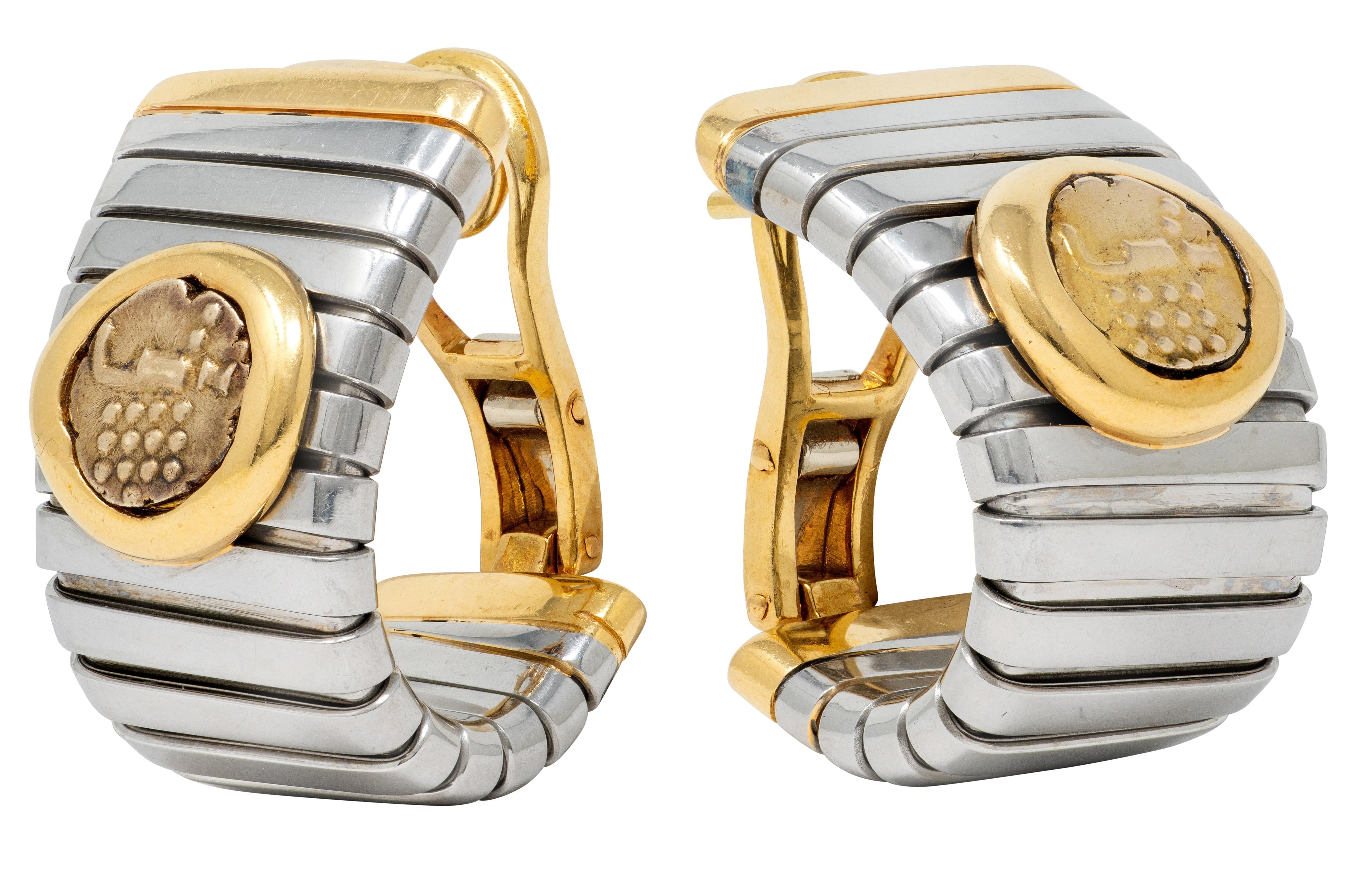 Bulgari 1980 Ancient Indian Coin 18K Gold Steel Vintage Tubogas Monete Earrings