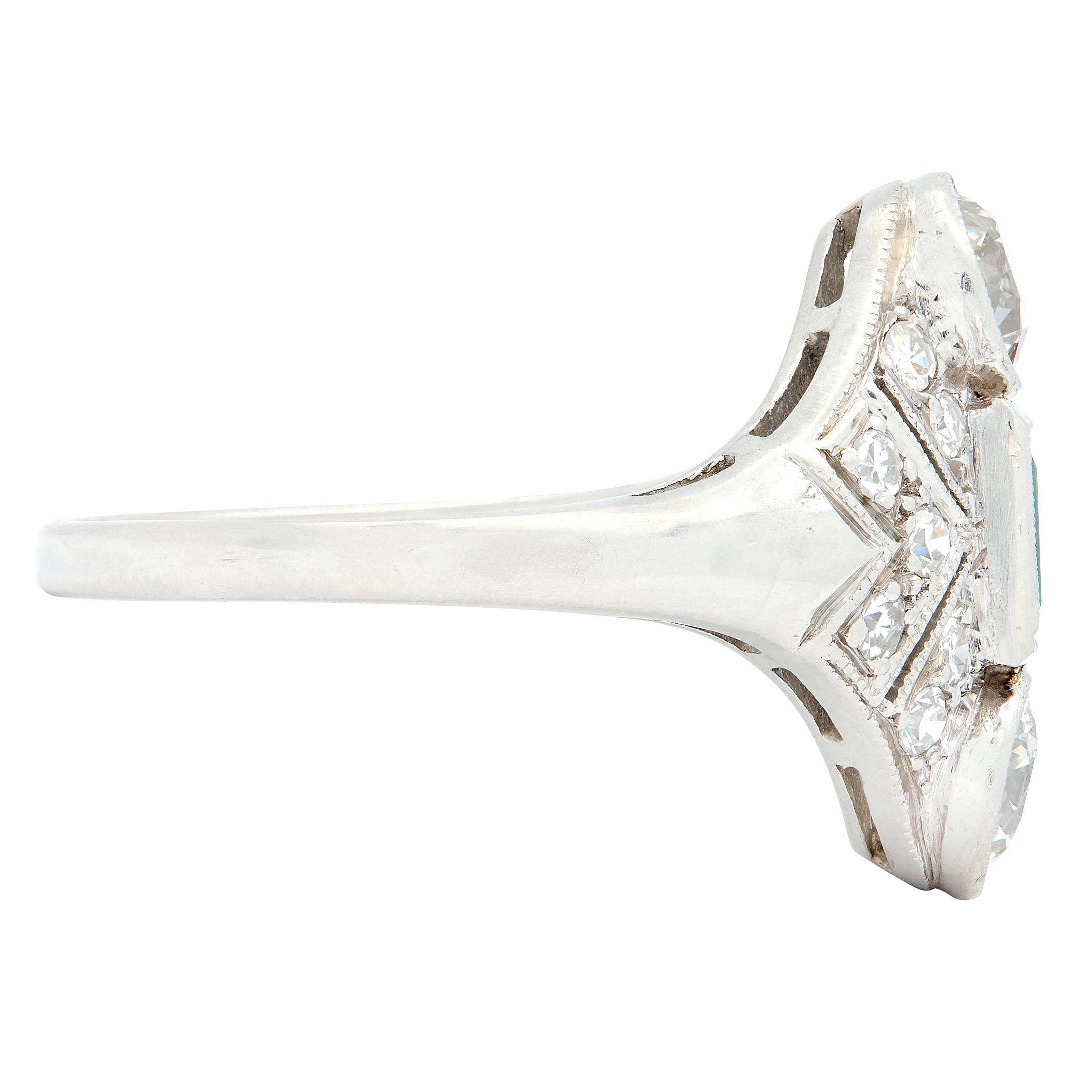 Art Deco 1.75 CTW Emerald Diamond Platinum Vintage Navette Dinner Ring