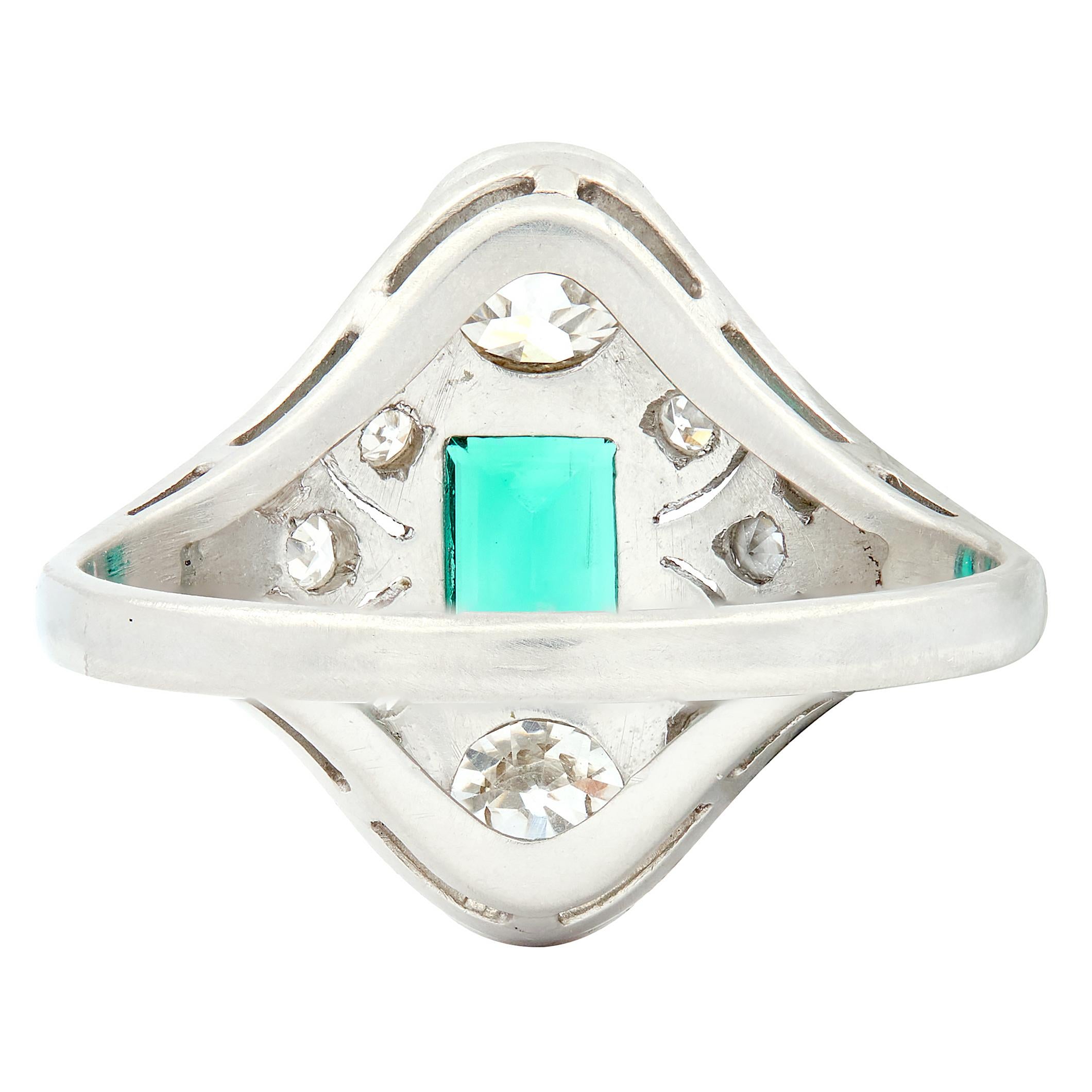 Art Deco 1.75 CTW Emerald Diamond Platinum Vintage Navette Dinner Ring