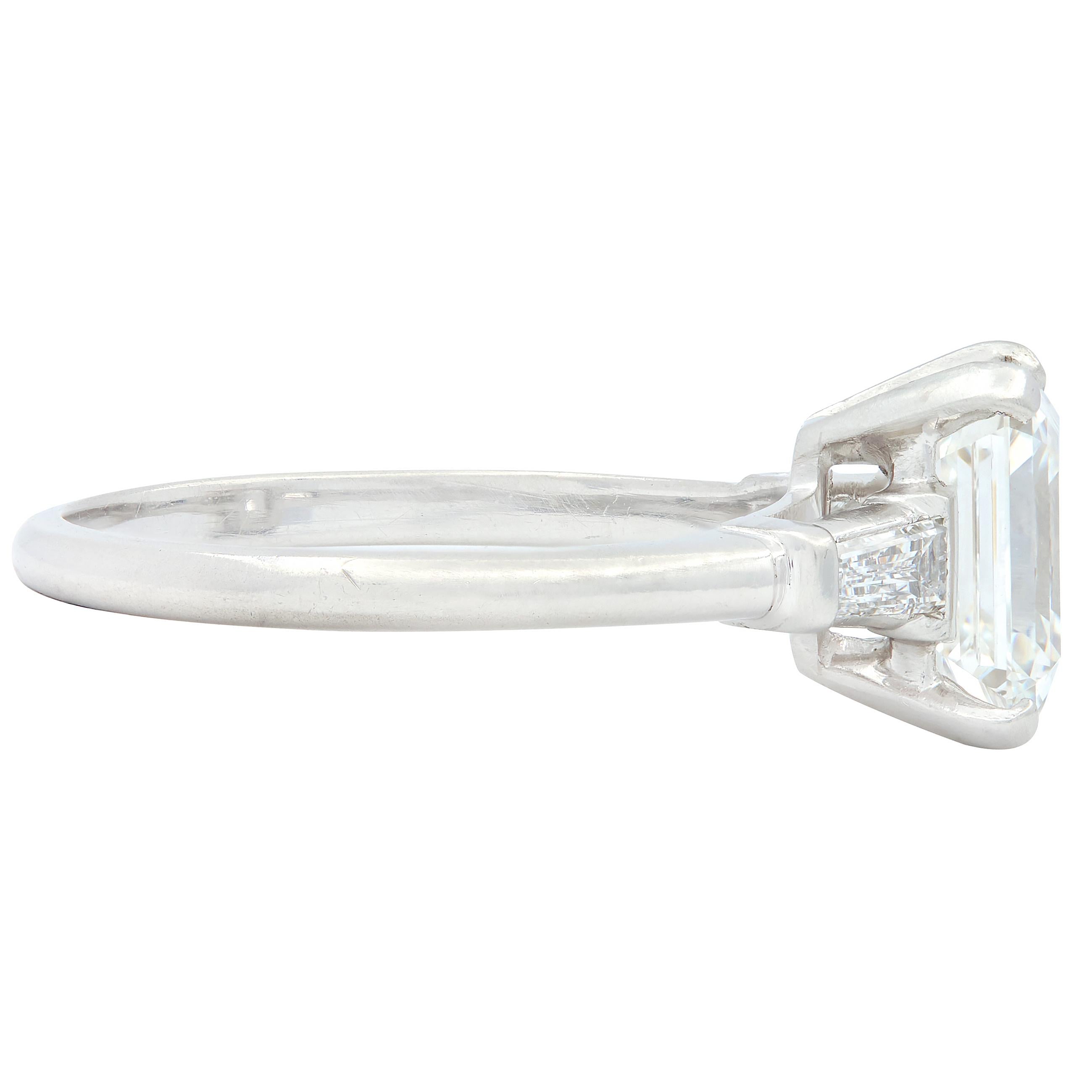 Mid-Century Emerald Cut Diamond Platinum Three Stone Vintage Engagement Ring