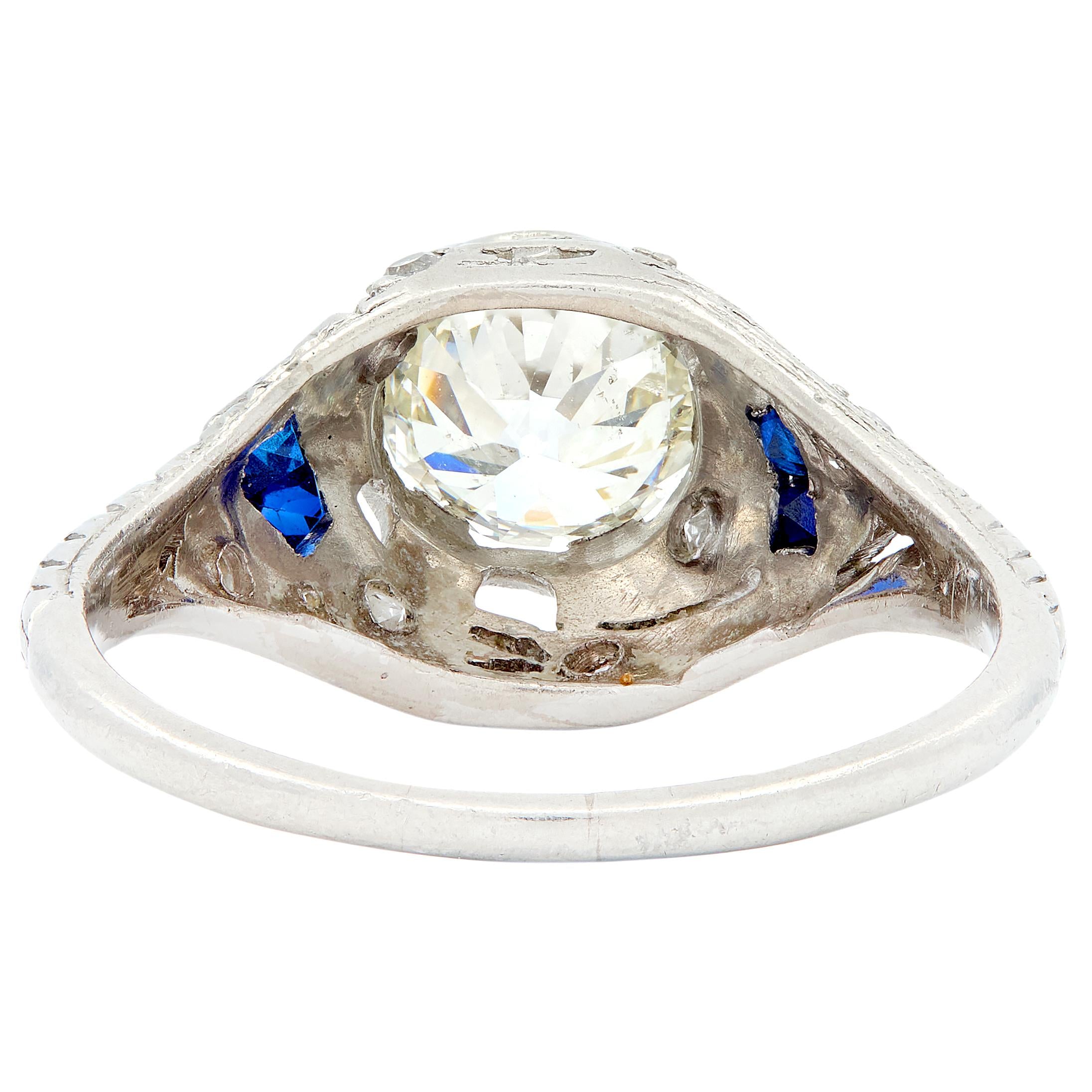 Art Deco 1.24 CTW Old European Diamond Sapphire Platinum Foliate Engagement Ring