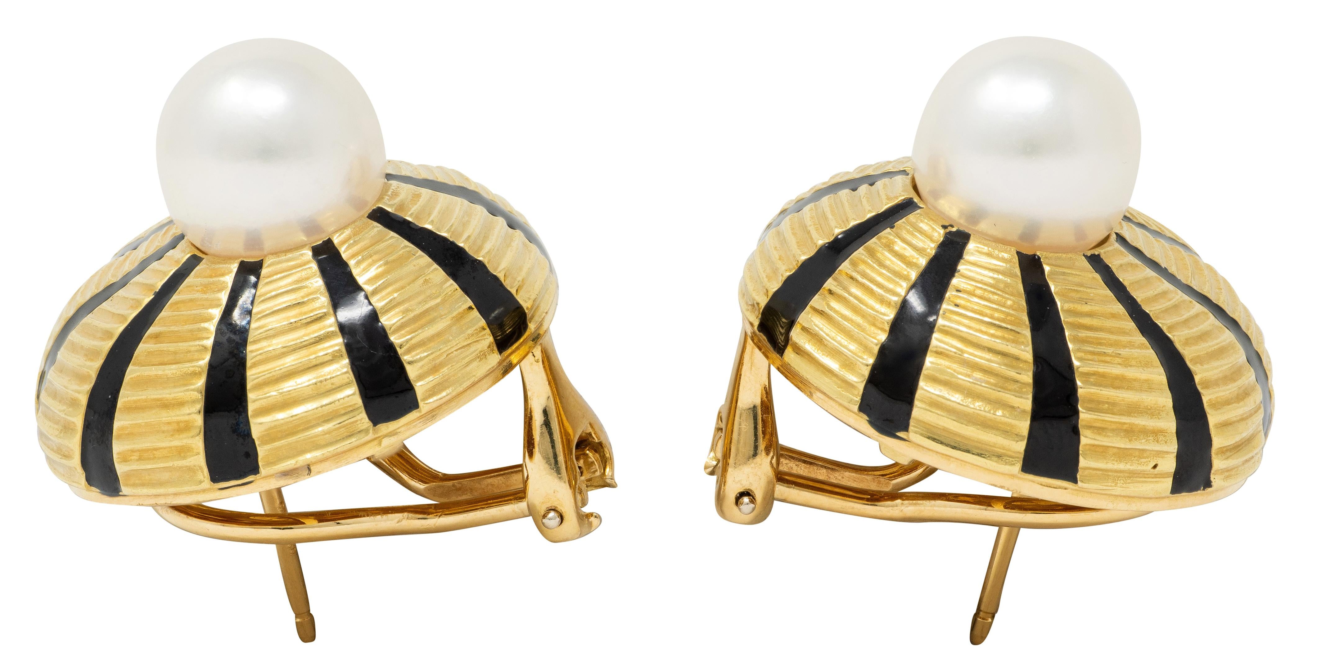 Tiffany & Co. Schlumberger 1970 Pearl Enamel 18K Gold Vintage Taj Mahal Earrings